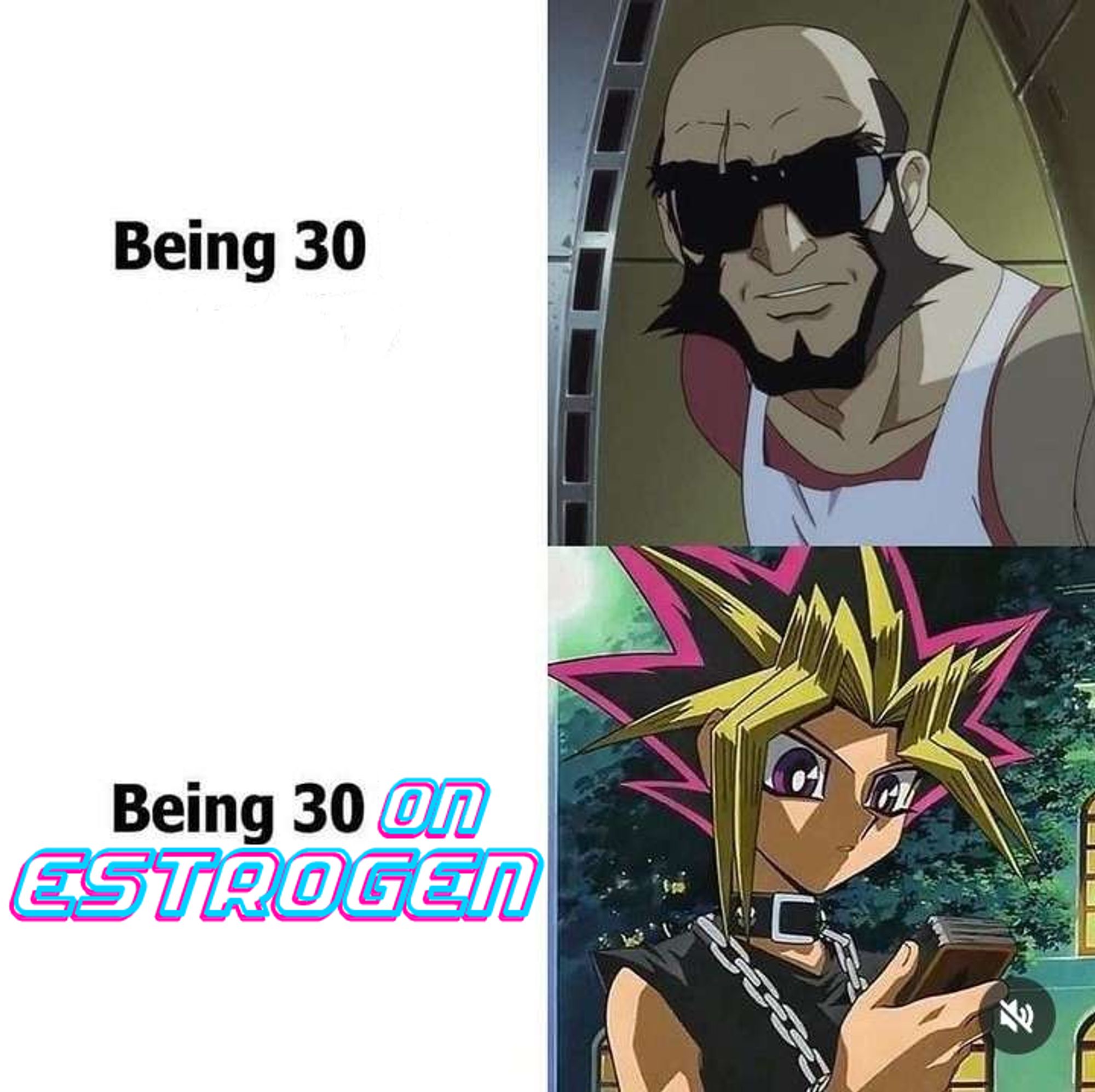 it's a picture of jet from cowboy bebop and yugi or whatever the adult form of him is called (idk I don't watch anime) with the text "Being 30" next to the former and "Being 30 ON ESTROGEN" next to the latter