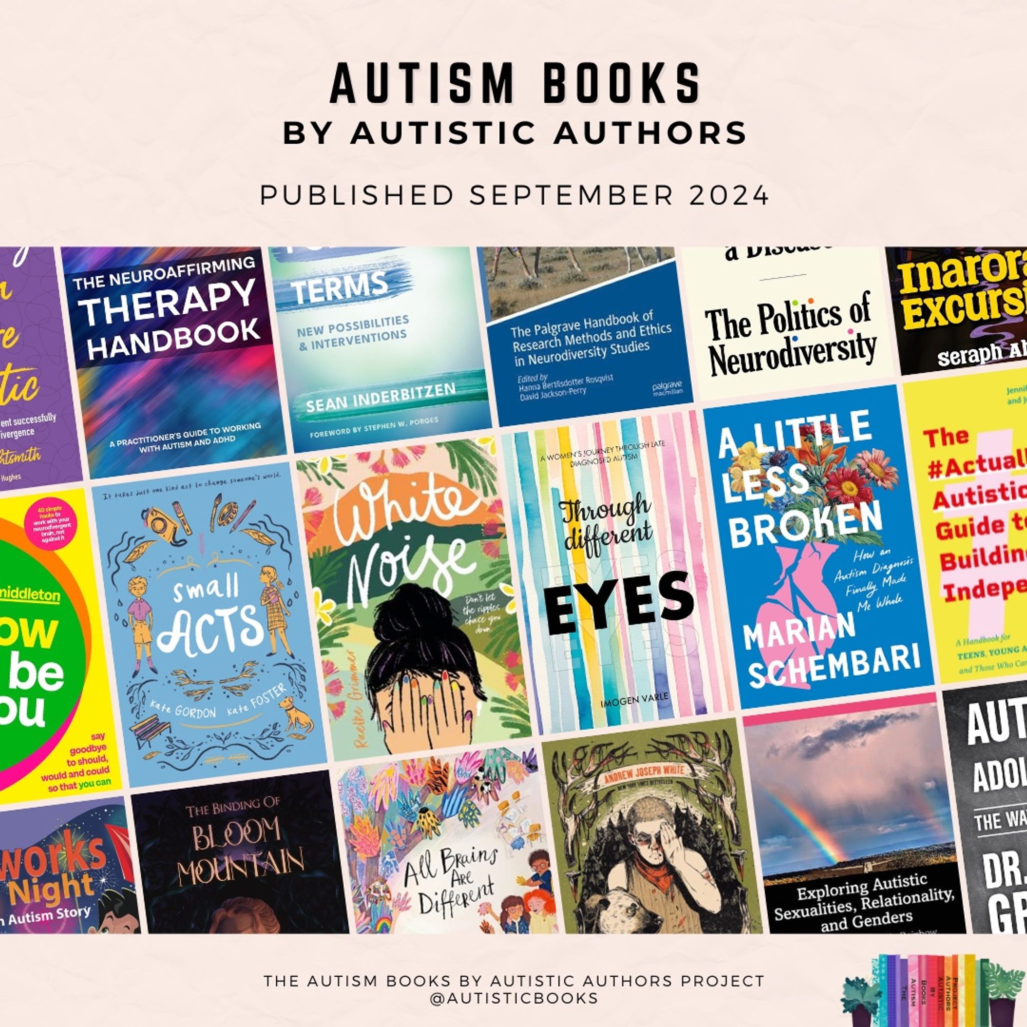 Graphic with text at the top stating Autism Books by Autistic Authors. Published September 2024. In the centre is a collage of book covers, tilted on an angle. Each book is listed in detail in the subsequent graphics and text. At the bottom is the text The Autism Books by Autistic Authors Project @AutisticBooks. In the bottom corner is a small logo with colourful books and a small plant either side.