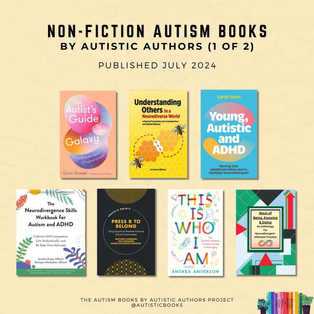 Graphic with text Non-Fiction Autism Books by Autistic Authors (1 of 2). Published July 2024. Displays the book covers for:

- The Autist’s Guide to the Galaxy by Clara Törnvall. Translated by Alice E. Olsson
- Understanding Others in a Neurodiverse World by Gemma Williams
- Young, Autistic and ADHD by Sarah Boon
- The Neurodivergence Skills Workbook for Autism and ADHD by Jennifer Kemp and Monique Mitchelson
- Press B to Belong: Using Esports to Promote Inclusive School Communities by Matthew Harrison, Jess Rowlings, and Daniel Aivaliotis-Martinez
- This is Who I Am: The Autistic Woman’s Creative Guide to Belonging by Andrea Anderson
- Ways of Being, Knowing & Doing: An Anthology for Neurodivergent-Informed Practice edited by Lisa Chapman and Kim Mears