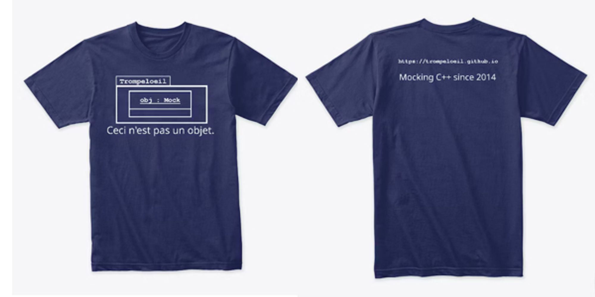 Front and back image of a navy blue T-shirt. The front has the Trompeloeil UML-logo, and the back says: "Mocking C++ since 2014", and a link to trompeloeil.github.io