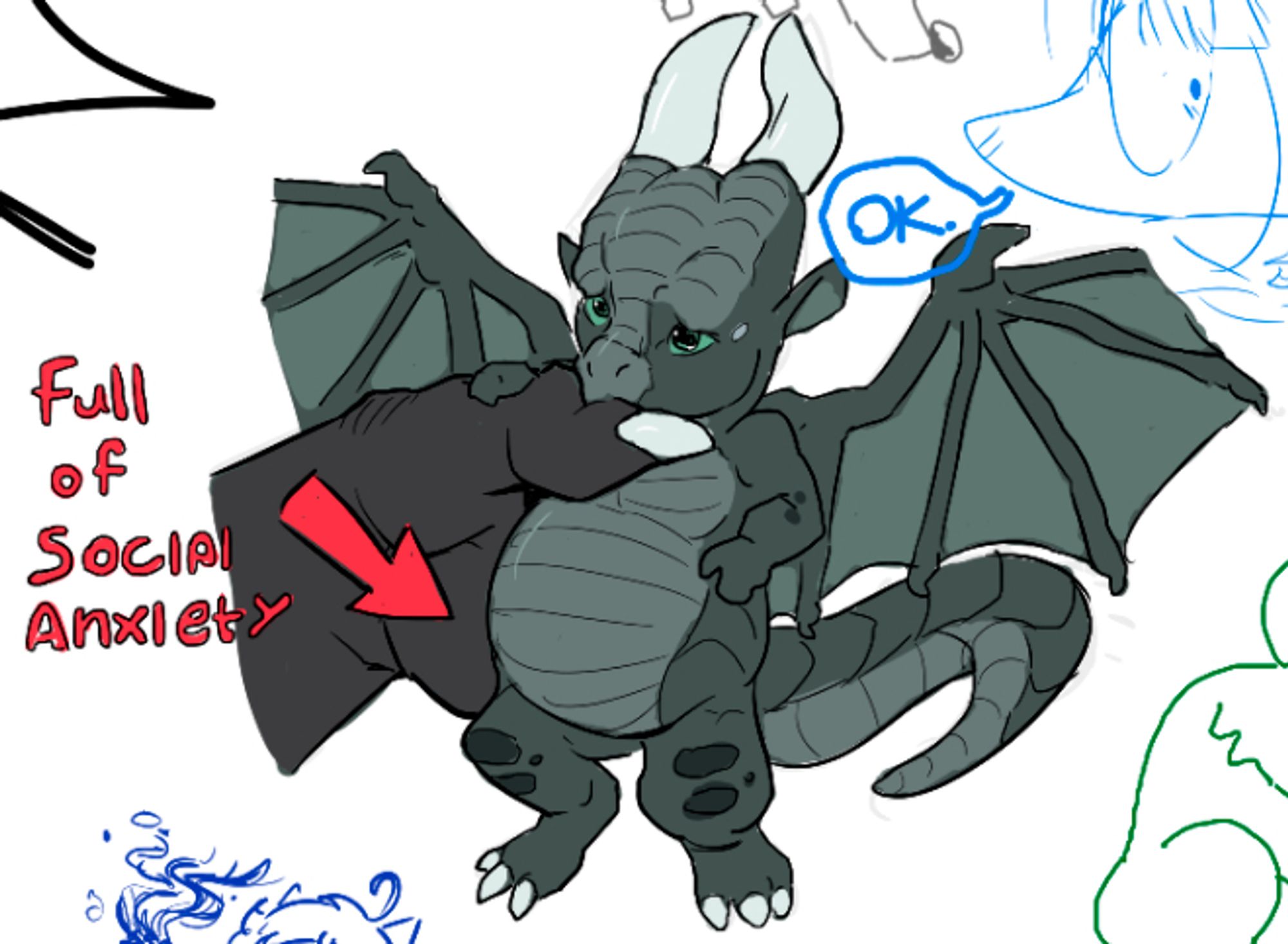 A chibi version of Moonwatcher from the Wings of Fire book series,with a plump belly, being held by a large scaly hand. The drawing is enacting the meme of "a cat full of soup'. A red arrow points to her tummy with the following text "full of social anxiety"