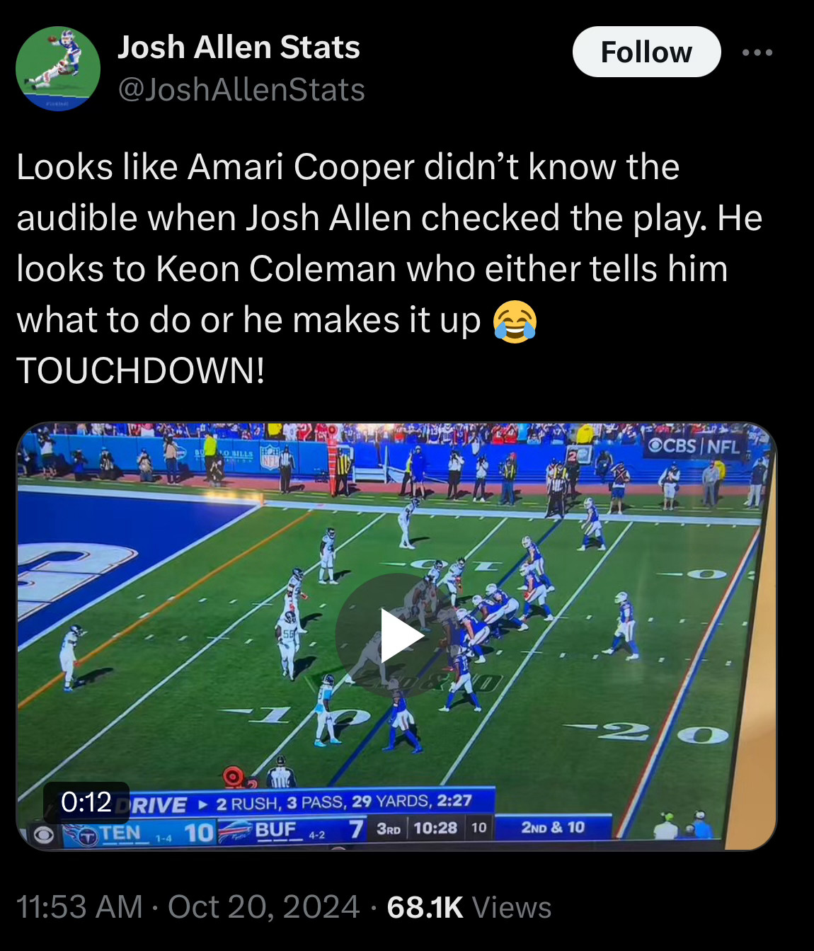 Tweet from Josh Allen Stats: Looks like Amari Cooper didn’t know the audible when Josh Allen checked the play. He looks to Keon Coleman who either tells him what to do or he makes it up 😂 TOUCHDOWN!