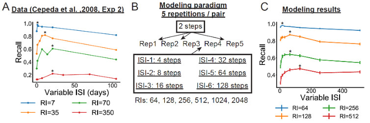 Left: Behavioral data from Cepeda et al. (2008) showing non-monotonic spacing effects. 
Middle: Model training overview, including the amount of drift between training examples (ISI) and afterwards (RI).
Right: Modeling simulation results.