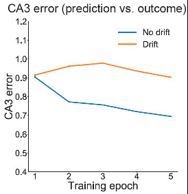 Right: Error in hippocampus area CA3 in the model was greater in the drift than no drift condition.