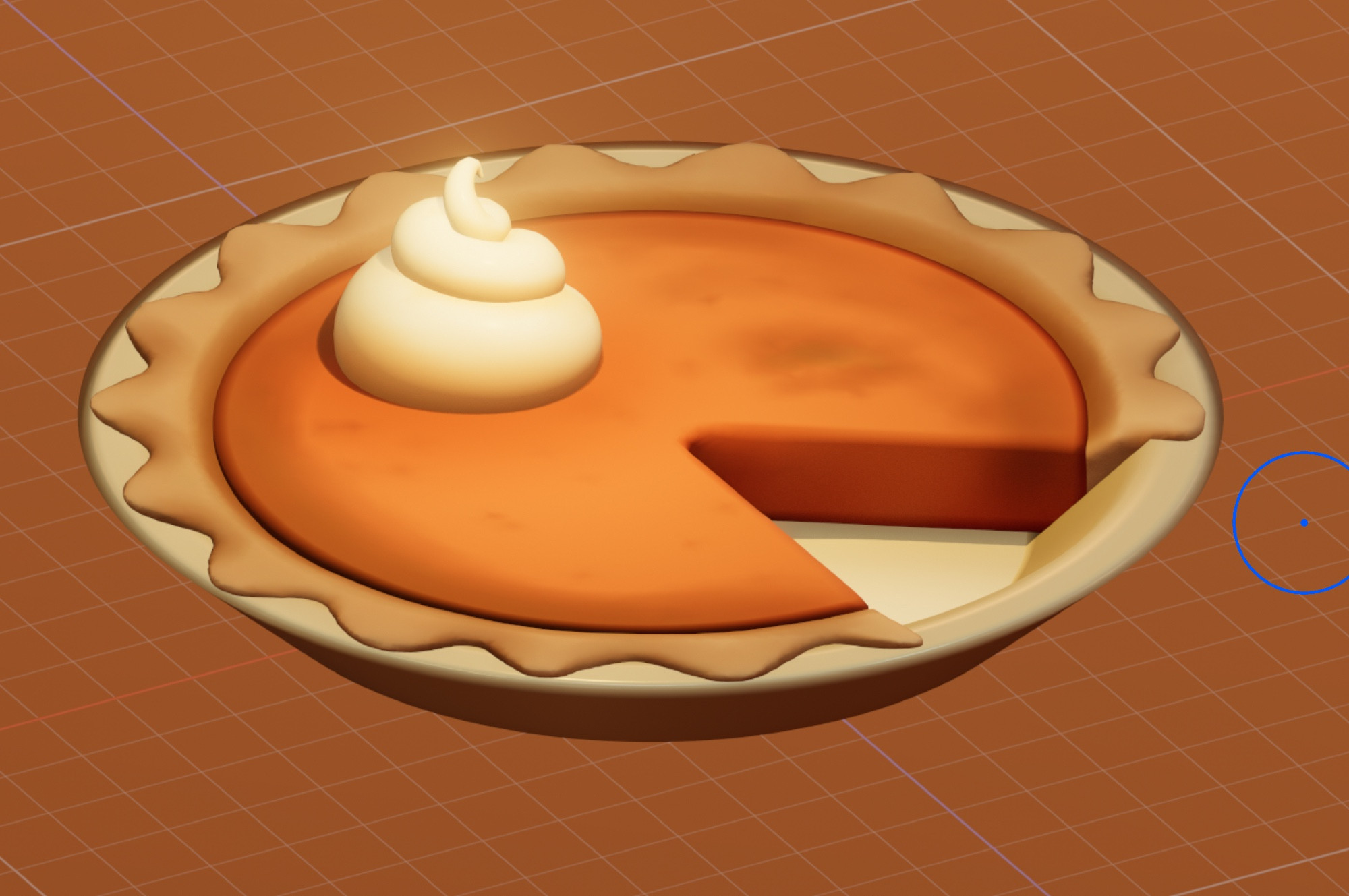 3-dimensional model of a pumpkin pie with a slice missing. The pie is shown with a warm, glowing light and has a swirl of whipped cream on it. 