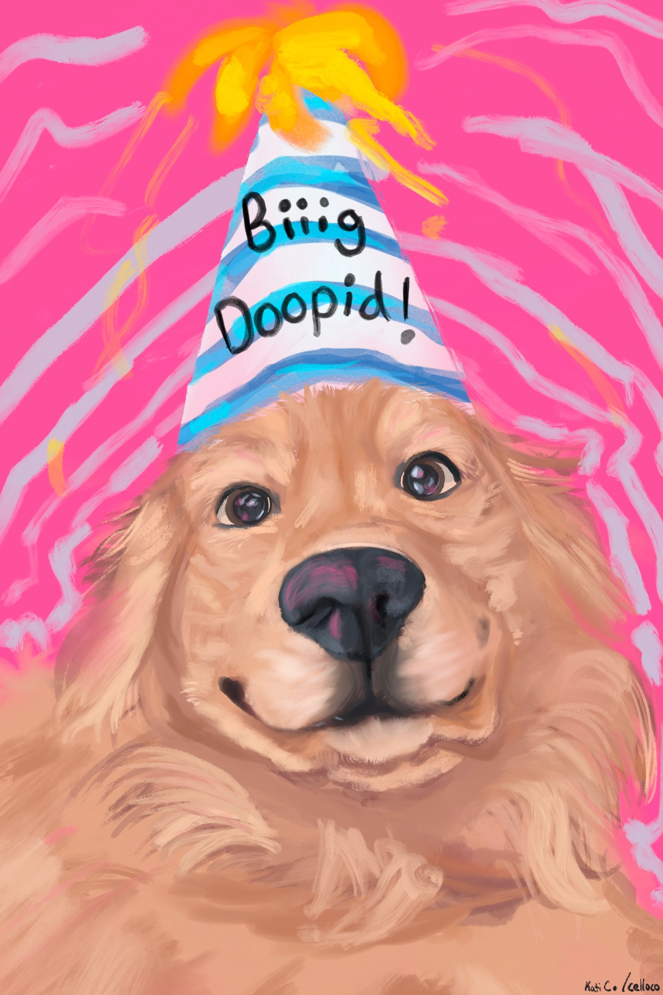 Painting of a semi-cartoony golden retriever looking at the viewer with a big smile on his face. He is wearing a party hat that reads, “Big Doopid!”. The background is a contrasting bright pink.