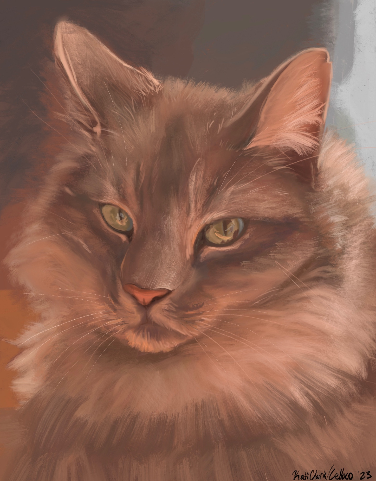 Painting of a fluffy cat in warm tones looking at the camera with green eyes. The background is patchy and abstract.