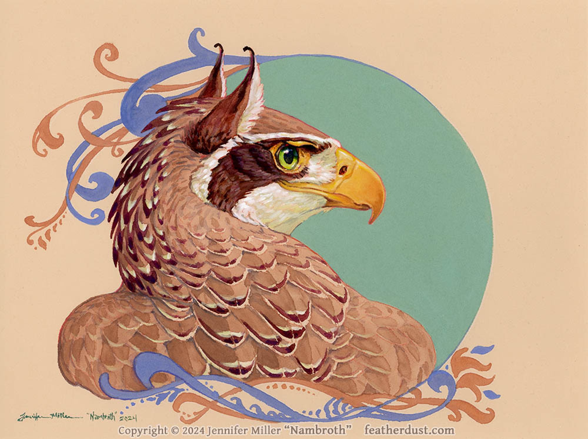 A gouache painting of a gryphon portrait, with a stylized sage green circle background with periwinkle and amber colored filigrees. The gryphon is looking to the right, over its wings and shoulder, and is overall brown with darker brown and white feather tipping, a darker brown mask, pale cream undersides, pointy ears, and green eyes. The overall background is the tan paper color and an artist signature is in the lower left. The watermark reads: copyright 2024 Jennifer Miller "Nambroth" featherdust.com