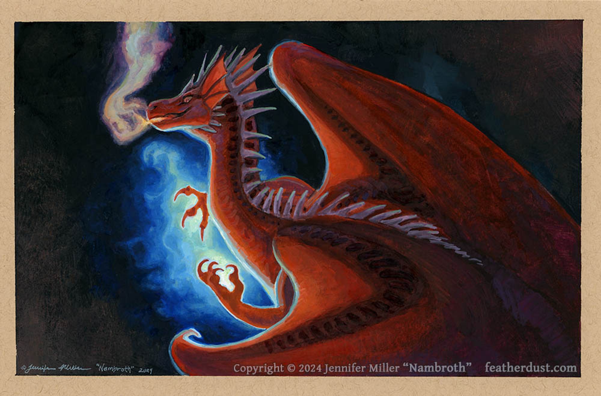 A gouache painting of a red dragon casting blue magic and breathing rainbow smoke. The dragon is shown half-body, seen from over its wings and shoulder, its claws gnarled in a spell-casting pose, and is looking back at the viewer out of the corner of its intelligent eye. It has finned ears and a row of spines down its back. The background is mostly black and there is an artist signature in the lower left. The watermark reads: copyright 2024 Jennifer Miller "Nambroth" featherdust.com