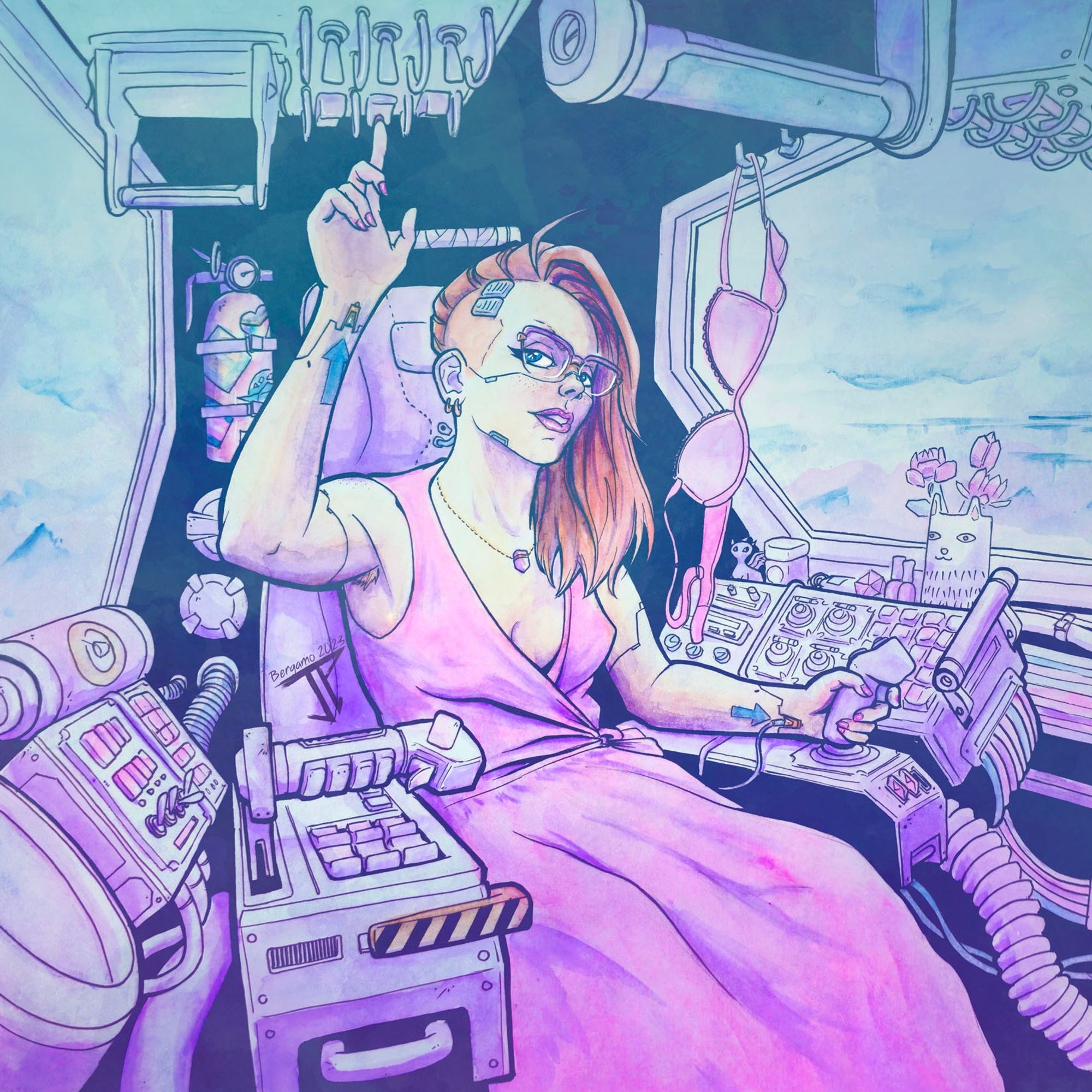 A cyborg pilot with a pink dress inside a mech cockpit. Trinkets lining the inside of the cockpit, and a bra hangs from a hook.