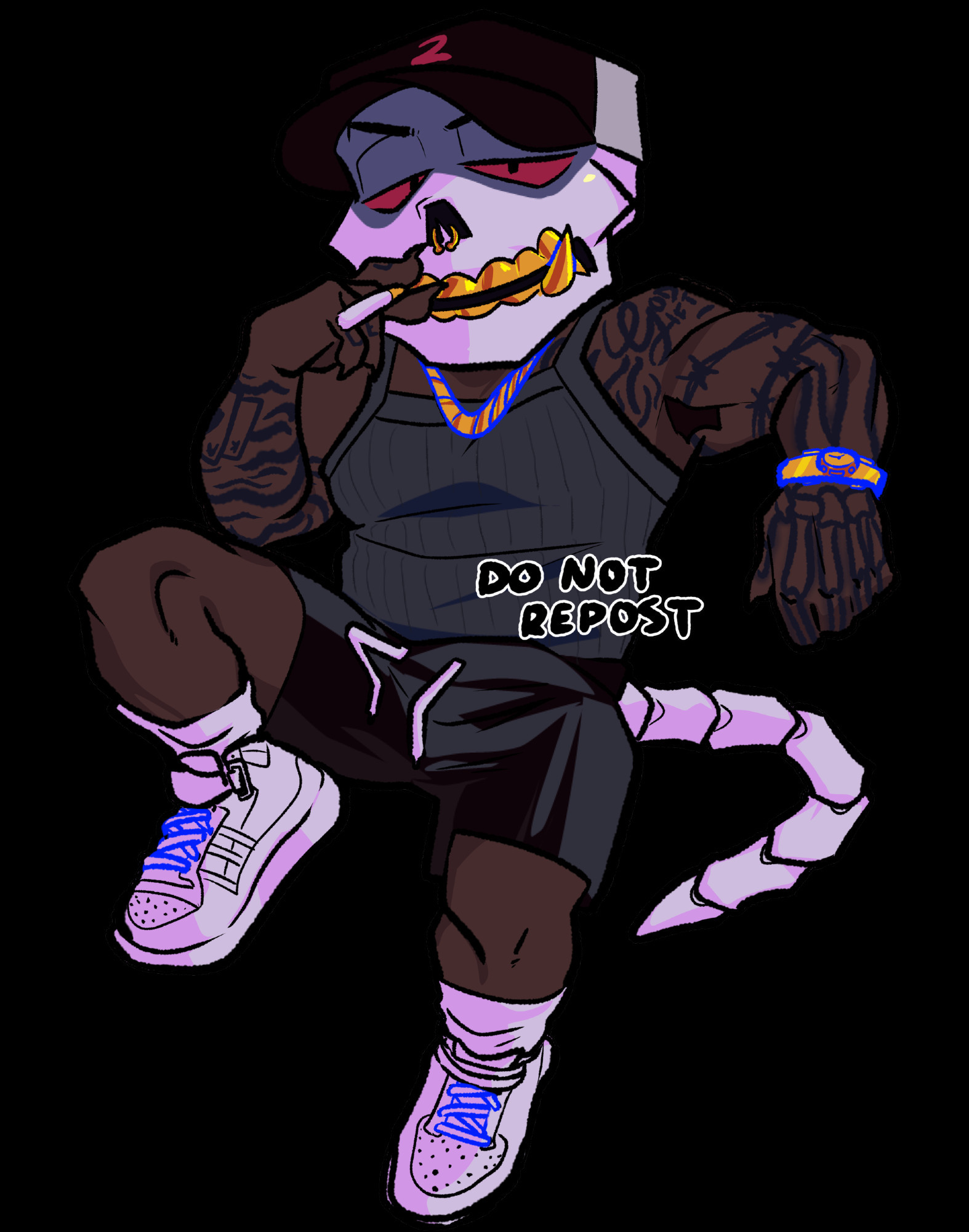 a drawing of my oc deuce in a chibi form smoking a cig. he has on a black tank top, black basketball shorts, black snapback, and white socks and shoes.