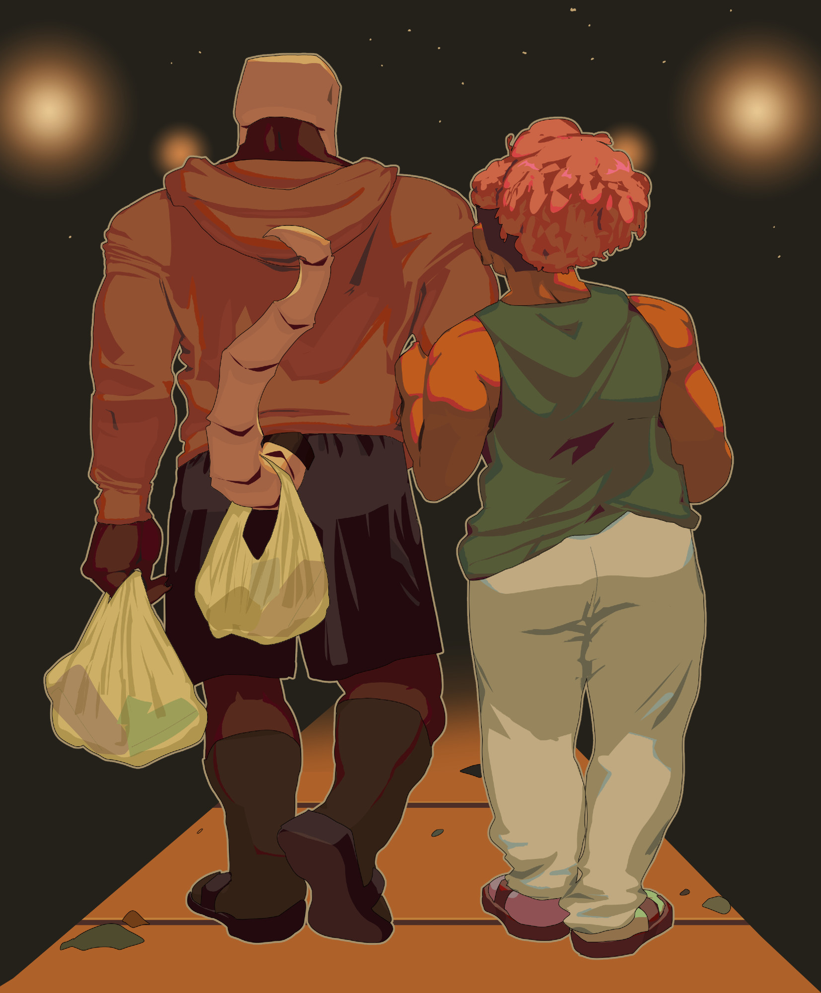 a drawing of my ocs ka'meisha and deuce walking away from the viewer on a late night snack run. deuce has a few bags in his hand and one on his tail. ka'meisa is snuuggled into his arm.