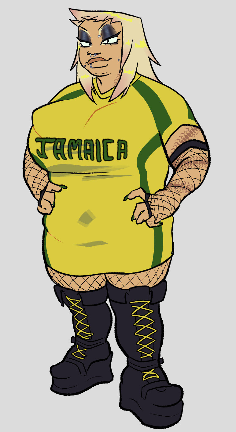 a short, stout asian woman with heavy eye makeup, many facial piercings, and alternative attire. she wears a yellow/green dress with 'JAMAICA' across the chest, fishnet gloves, fishnet stockings, and thigh high boots.