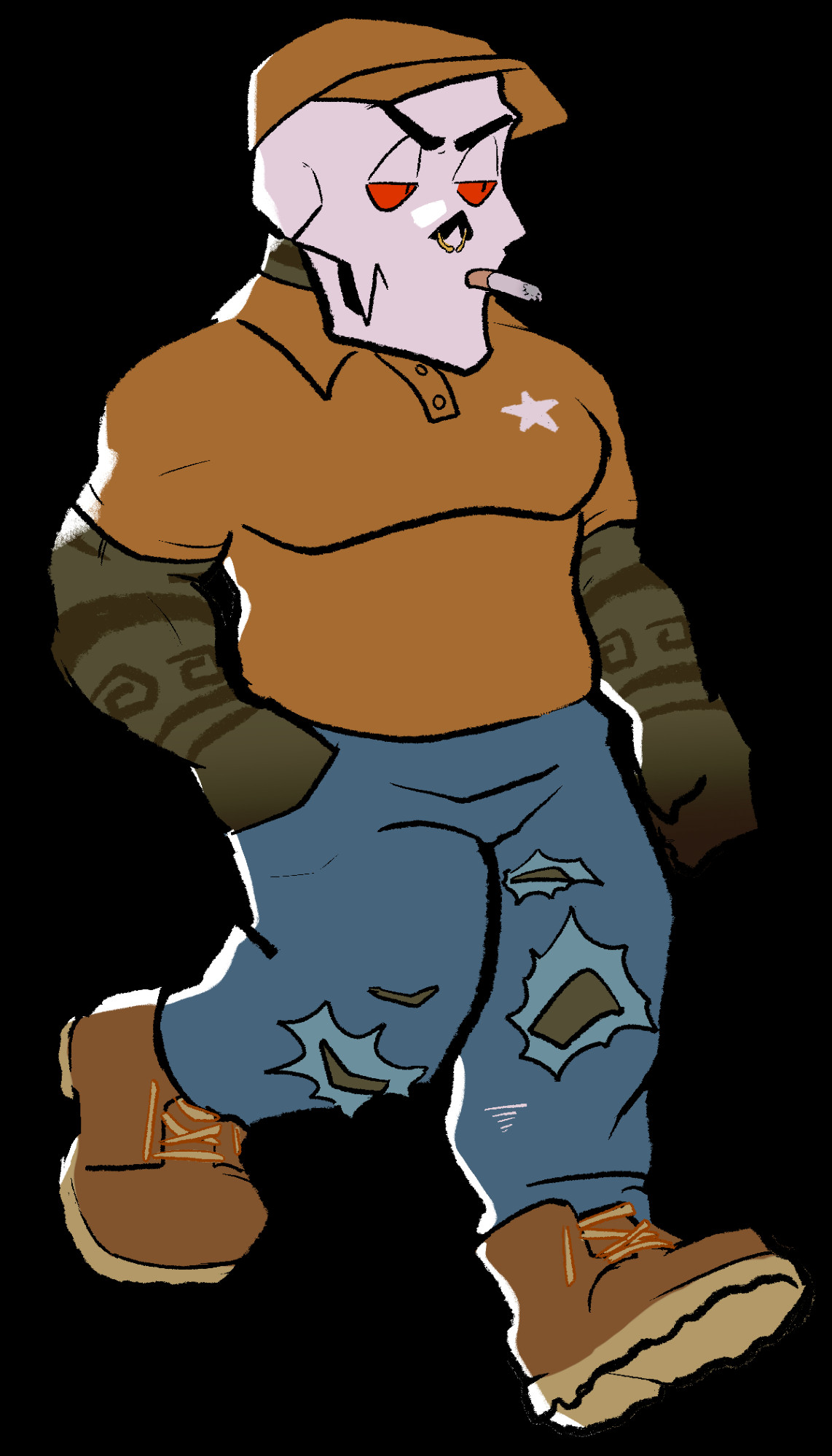 an old drawing of my oc deuce in a chibi form smoking a cig. he has on a orange polo, ripped jeans, and timbs.