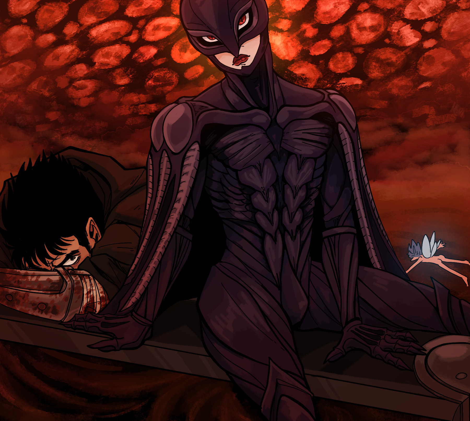 Femto sits on the Dragonslayer sword while Guts clings to it like a live preserver behind him. They are floating through a sea of blood with thousands of tormented faces hanging over them in the sky. Puck is face down in the blood.