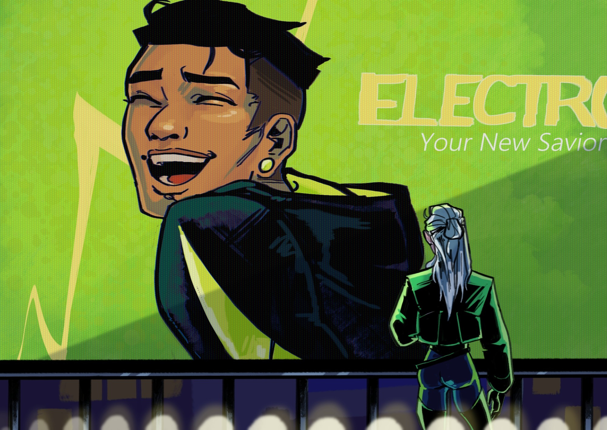 Electrofist, a young asian superhero, smiles brightly against a green lit billboard. The billboard reads his name, as well as the phrase "your new savior". Lord Malice, a young white superhero, looks on. He is bathed in green light.