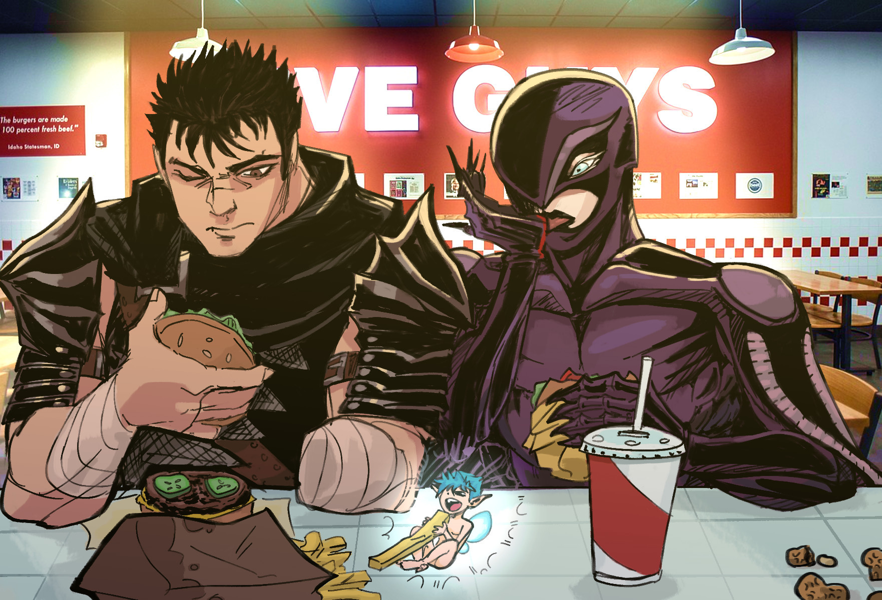 guts, puck, and griffith from berserk sit in a five guys. guts has opened his burger to reveal pickles. he looks upset about this. griffith in his femto form licks ketchup off of his wrist. puck sits on the table enjoying a french fry.