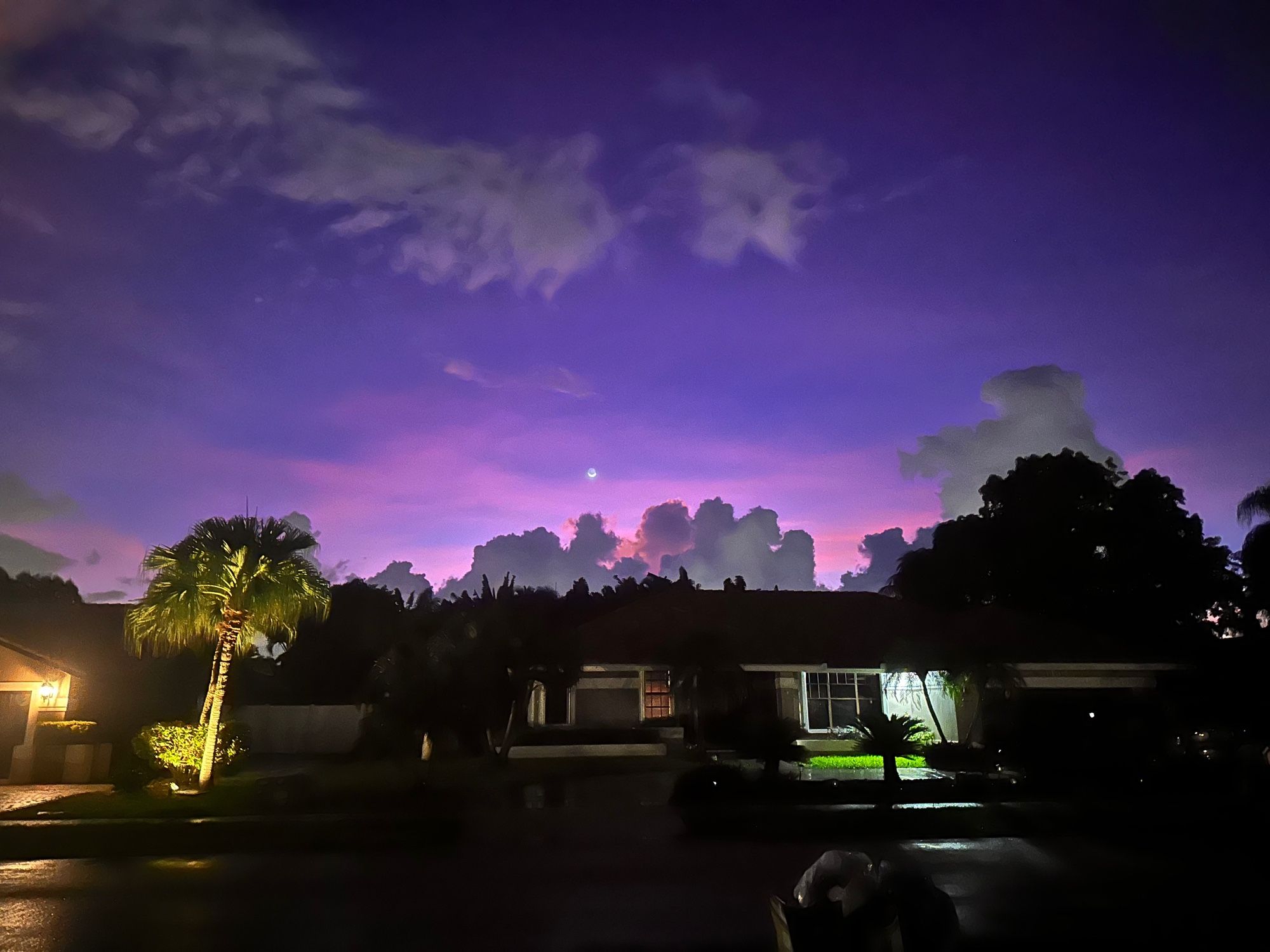 Teeny tiny moon before daybreak in a lovely purple sky.