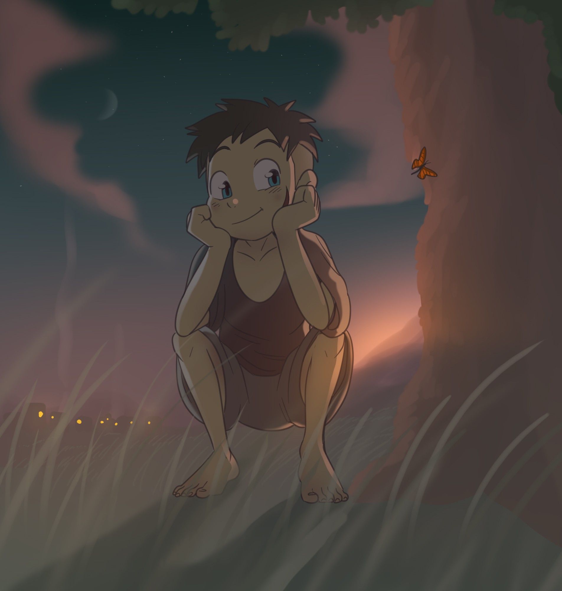 9 year old Tikal, outside his village at dusk, watching a butterfly