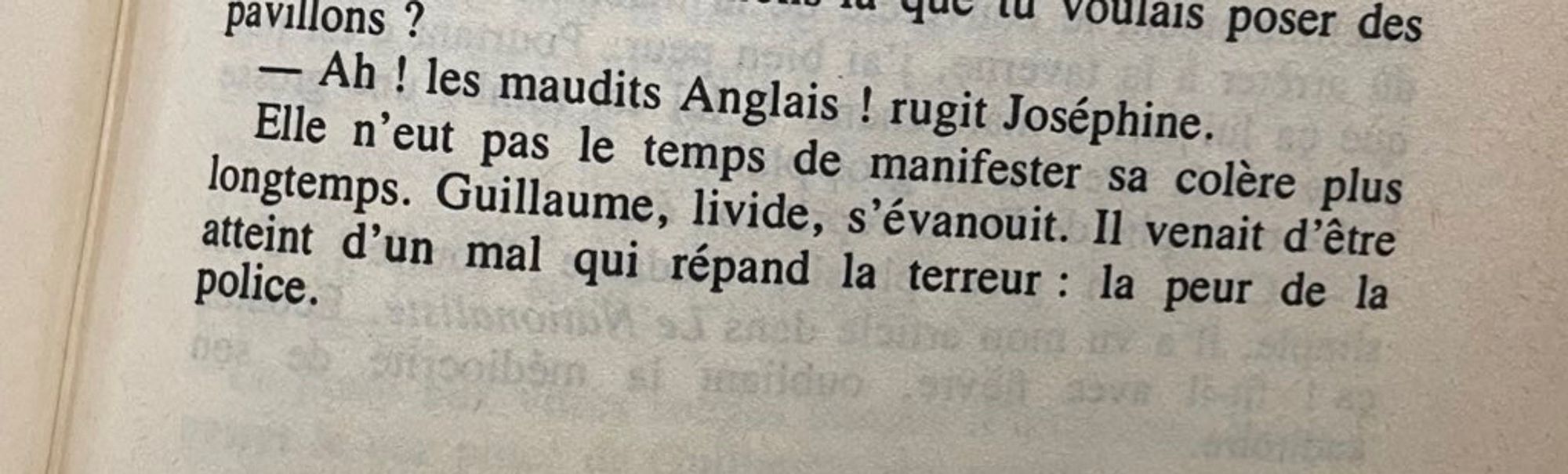 extrait du livre que je suis en train de lire : « Guillaume, livide, s’évanouit. il venait d’être atteint d’un mal qui répand la terreur : la peur de la police. »