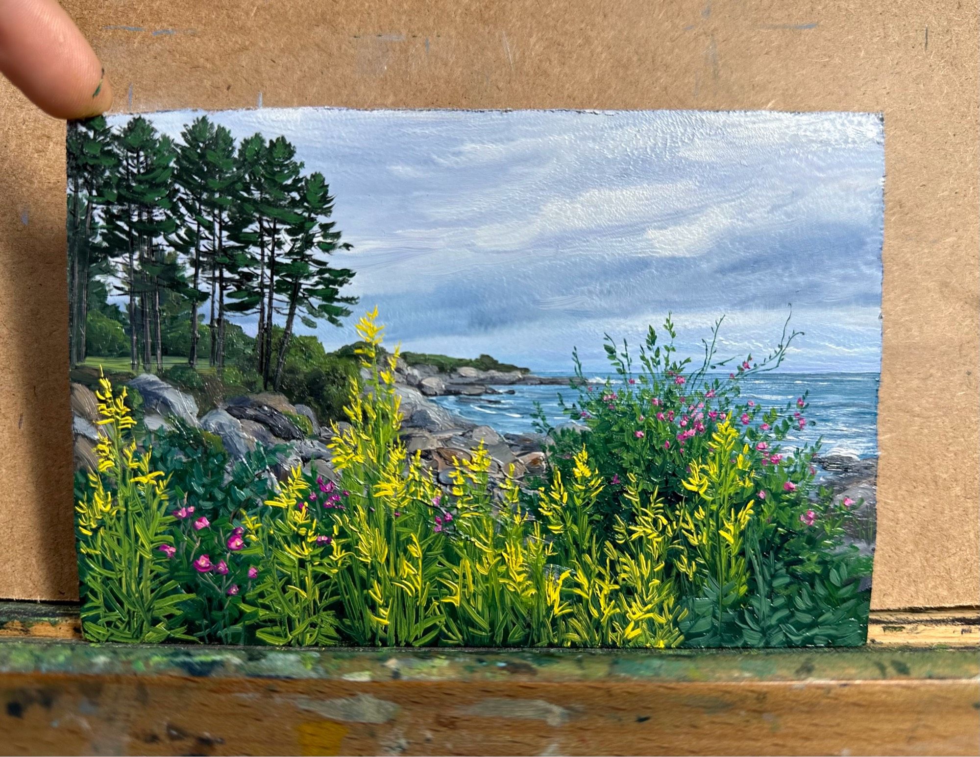 Small painting of a craggy Maine shoreline with pine trees and wildflowers in the foreground