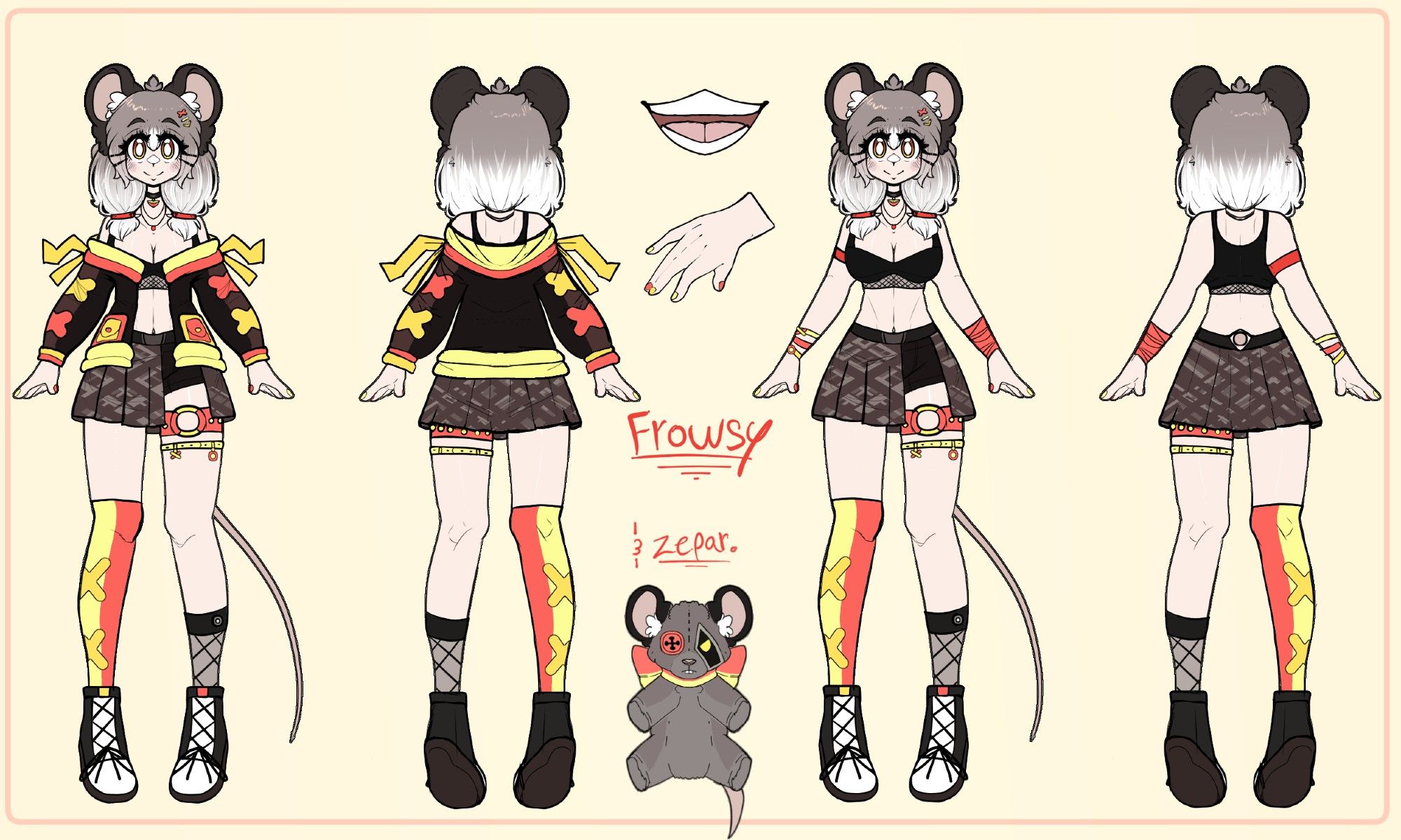 A Ref Sheet of the Dumbo Rat Girl with a Plushborg toy in the center.