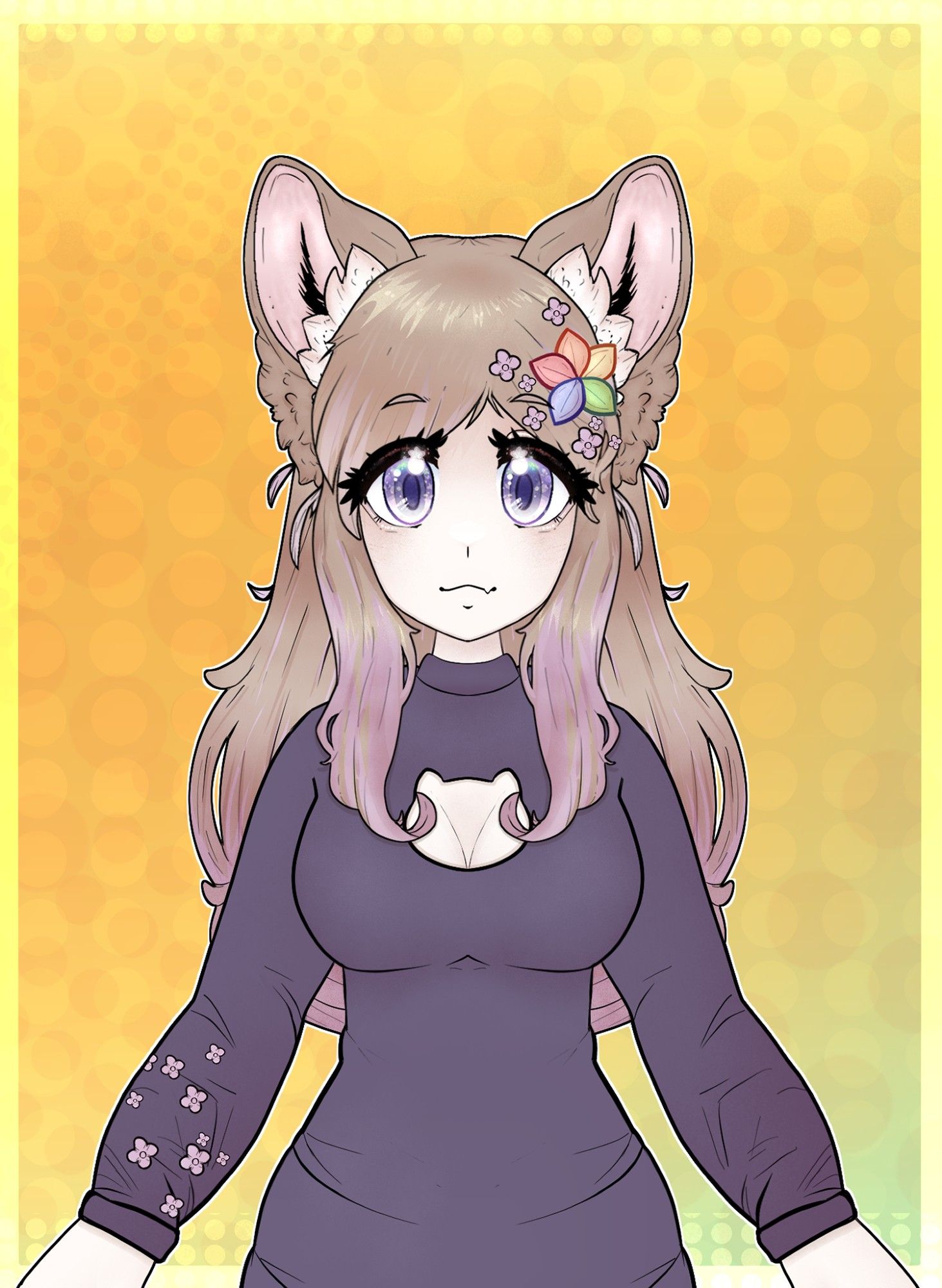 A Cat Girl, with a Rainbow Flower in her Brunette hair and a comfy Oversized Long Sleeved SweatShirt, that has Purple Flowers on her sleeve.