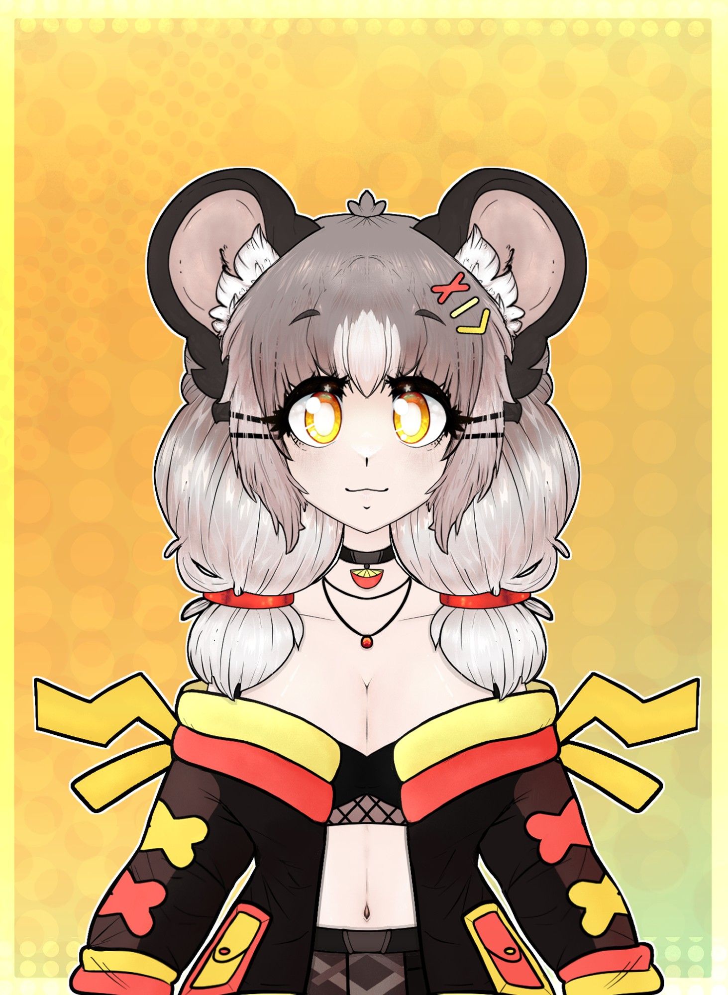 A Dumbo Rat Girl, with a Jacket that has Yellow Crooked Whiskers on it and is Red and Yellow in trim but mainly is Brown and Gray.