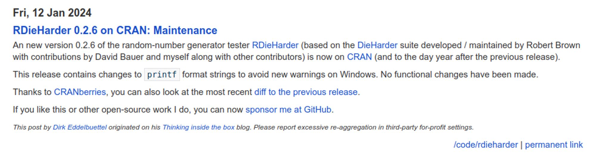 Screenshot of blog post at https://dirk.eddelbuettel.com/blog/2024/01/12#rdieharder_0.2.6 describing release 0.2.6 of CRAN package RDieHarder