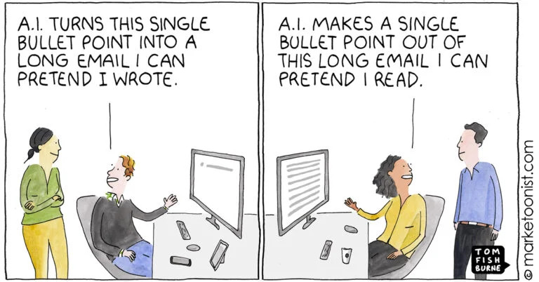 Tom Fishburne cartoon from https://marketoonist.com/2023/03/ai-written-ai-read.html aptly describing how AI creates messages from three bullet points into expanded text ... which is fed at the other end into AI to extract three bullet points.  Lossly, one assumes.