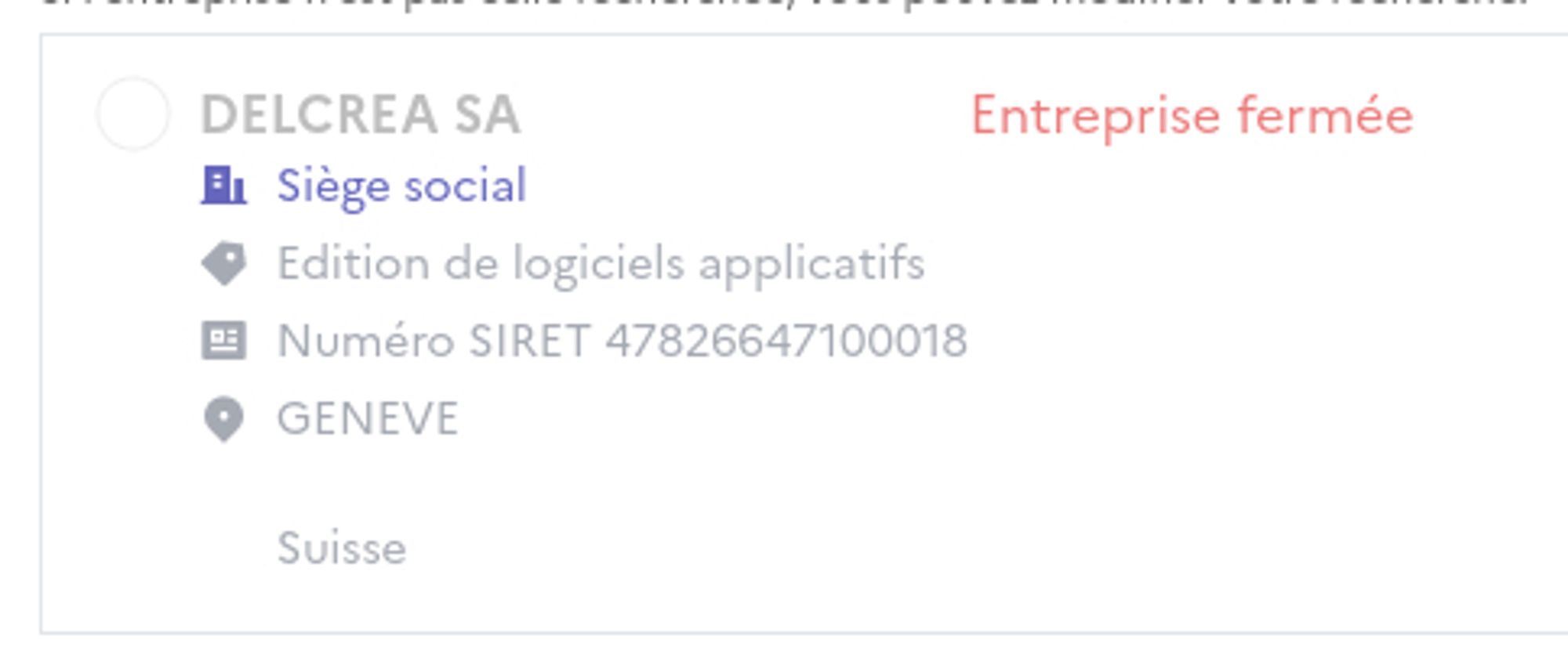 Résultat qui montre que l'entreprise est fermé quand on utilise le numero de SIRET