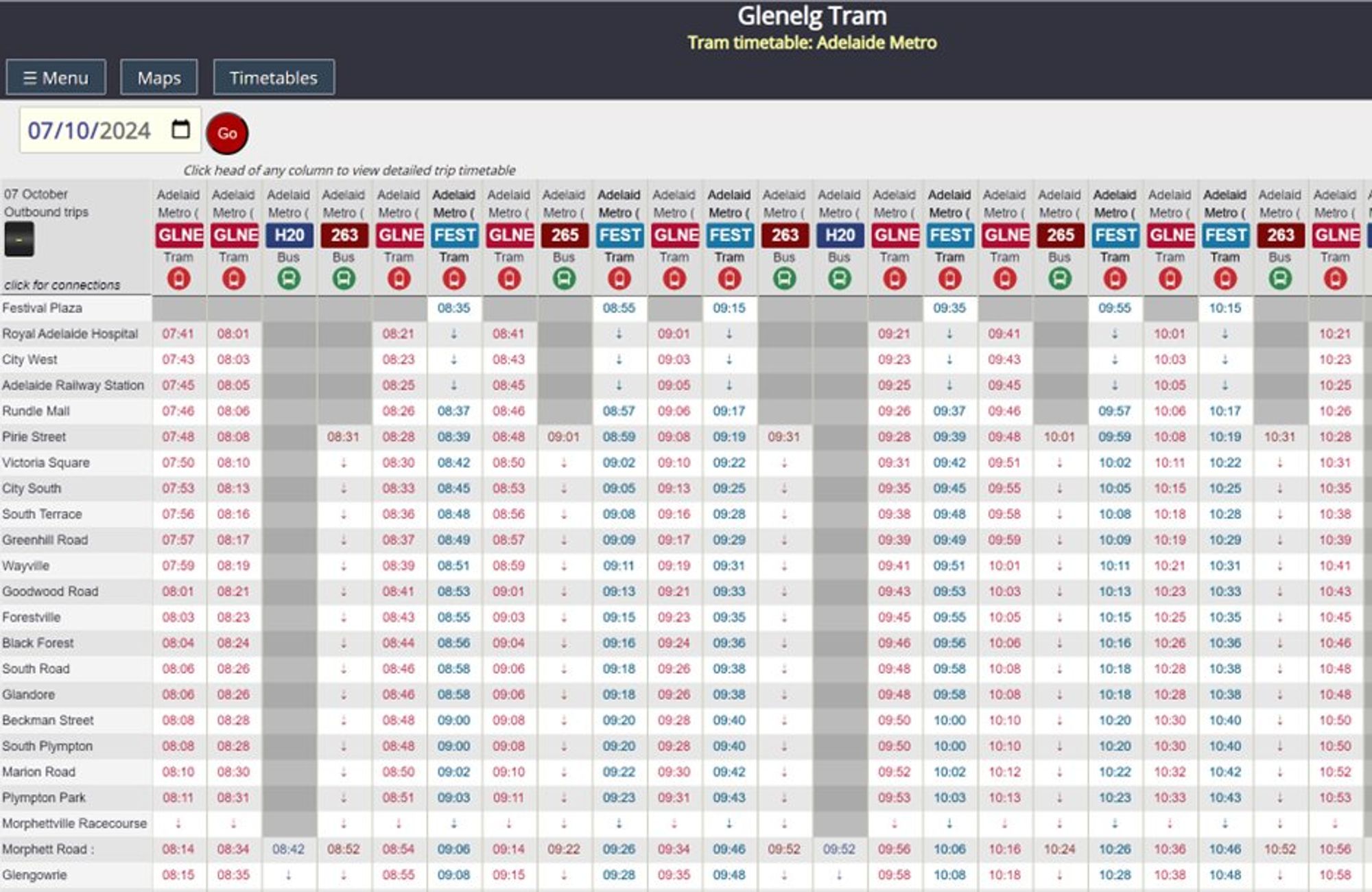 Glenelg tram timetable showing Adelaide Tram and Bus icon symbols