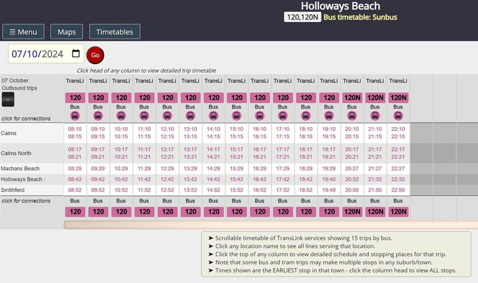 Cairns to Holloways Beach bus timetable showing Queensland Translink symbols and colouring for suburban buses.