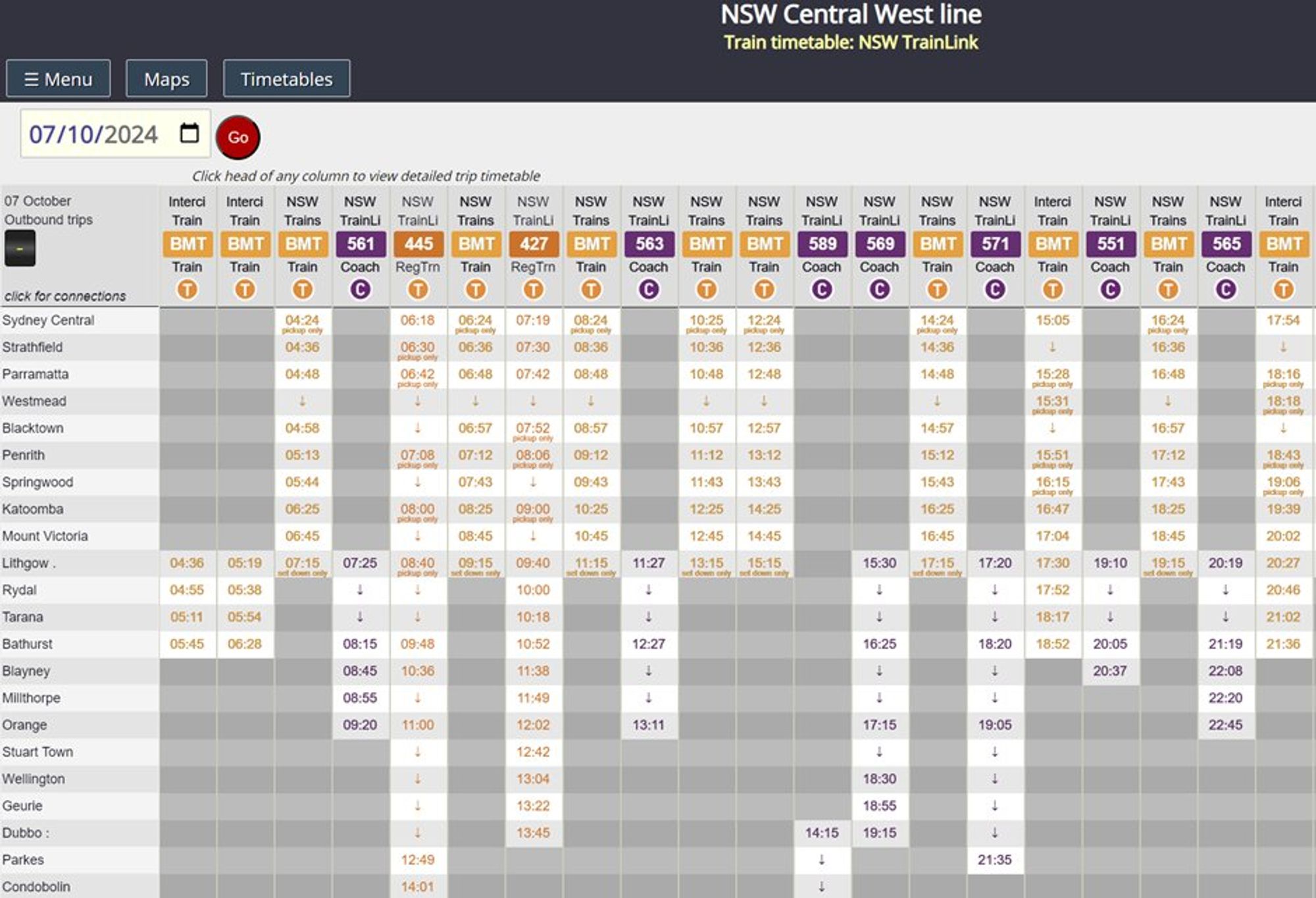 NSW Central West line timetable showing NSW train and coach icon symbology