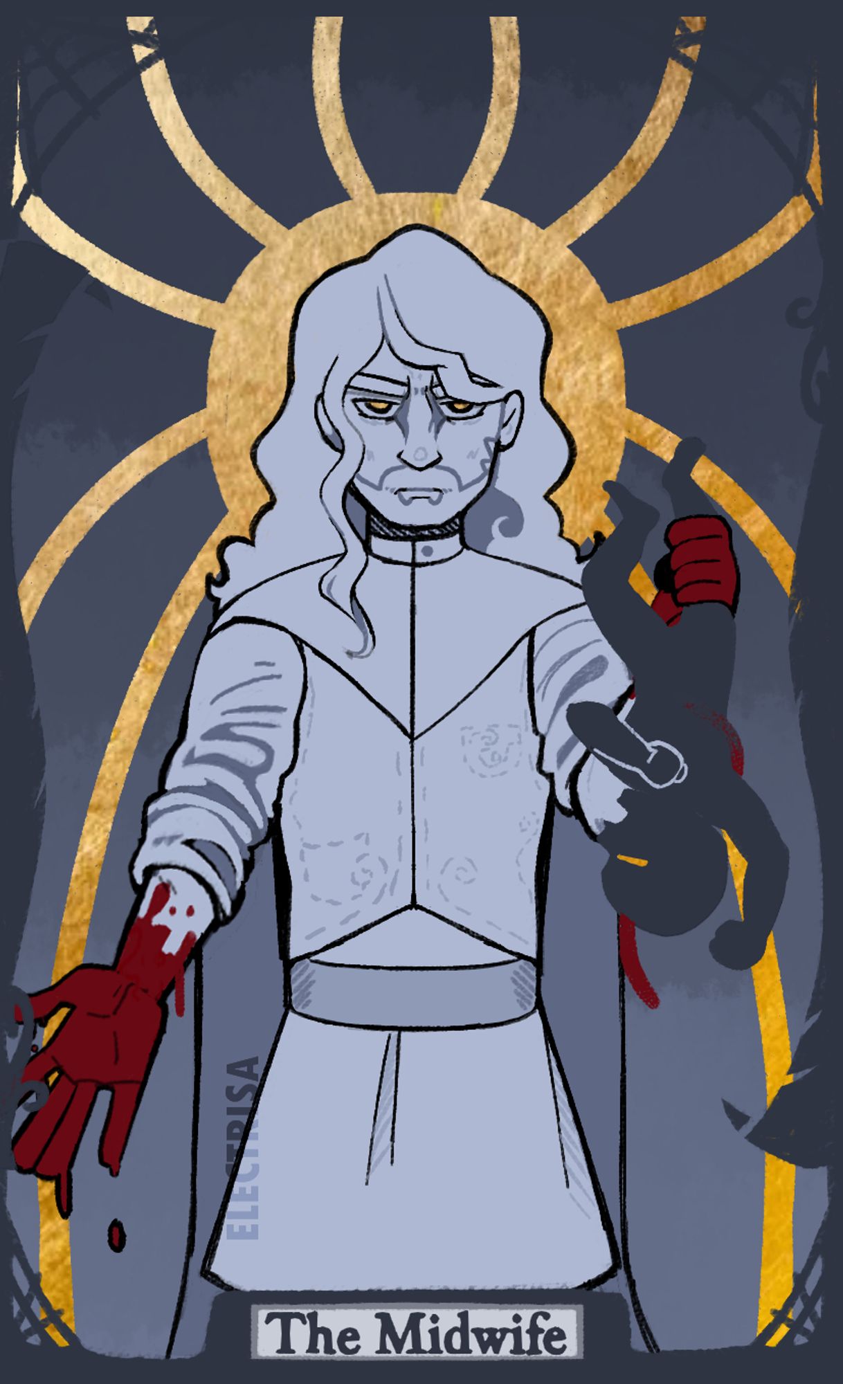 The Midwife: A human inquisitor is standing in front of a halo with 10 curved trails coming from it. His eyes are glowing, and his sleeves are rolled up to his shoulders as his forearms are covered in blood. His right hand is open and reaching out, and in his left he's holding a newborn screaming baby.