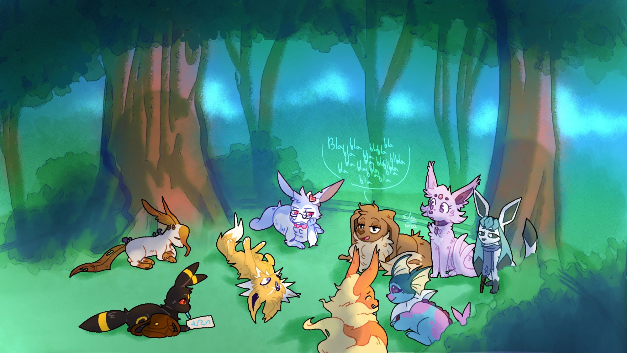 A forest scene with 9 eeveelution characters. From left to right:
An autumn-themed Leafeon dozing off, an Umbreon with a backpack drawing something with a crayon in its muzzle, a Jolteon with purple eyes laying on its back and flailing its paws in the air, a shiny Sylveon wearing glasses seeming annoyed, a very fluffy Flareon talking with a blue-and-pink Vaporeon, an older Eevee going off on a ramble, a fluffy Espeon with a collar listening to him intently, and a Glaceon with a wooden leg and a scarf, seeming bored.