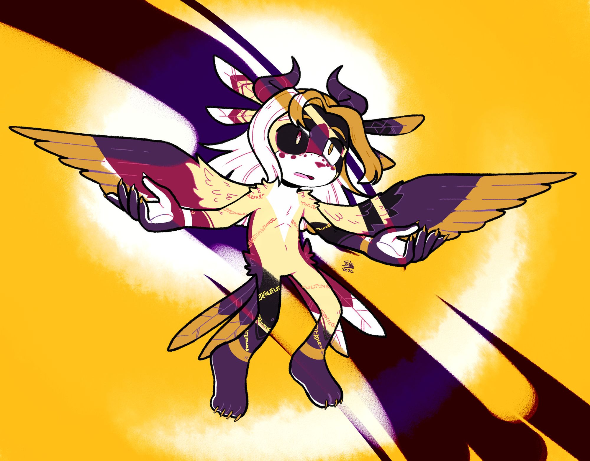 Anthro sphinx-coatl hybrid floating in the air with their arms open in an expression of pain. Their palette is gold and dark purple, and the background reflects that.