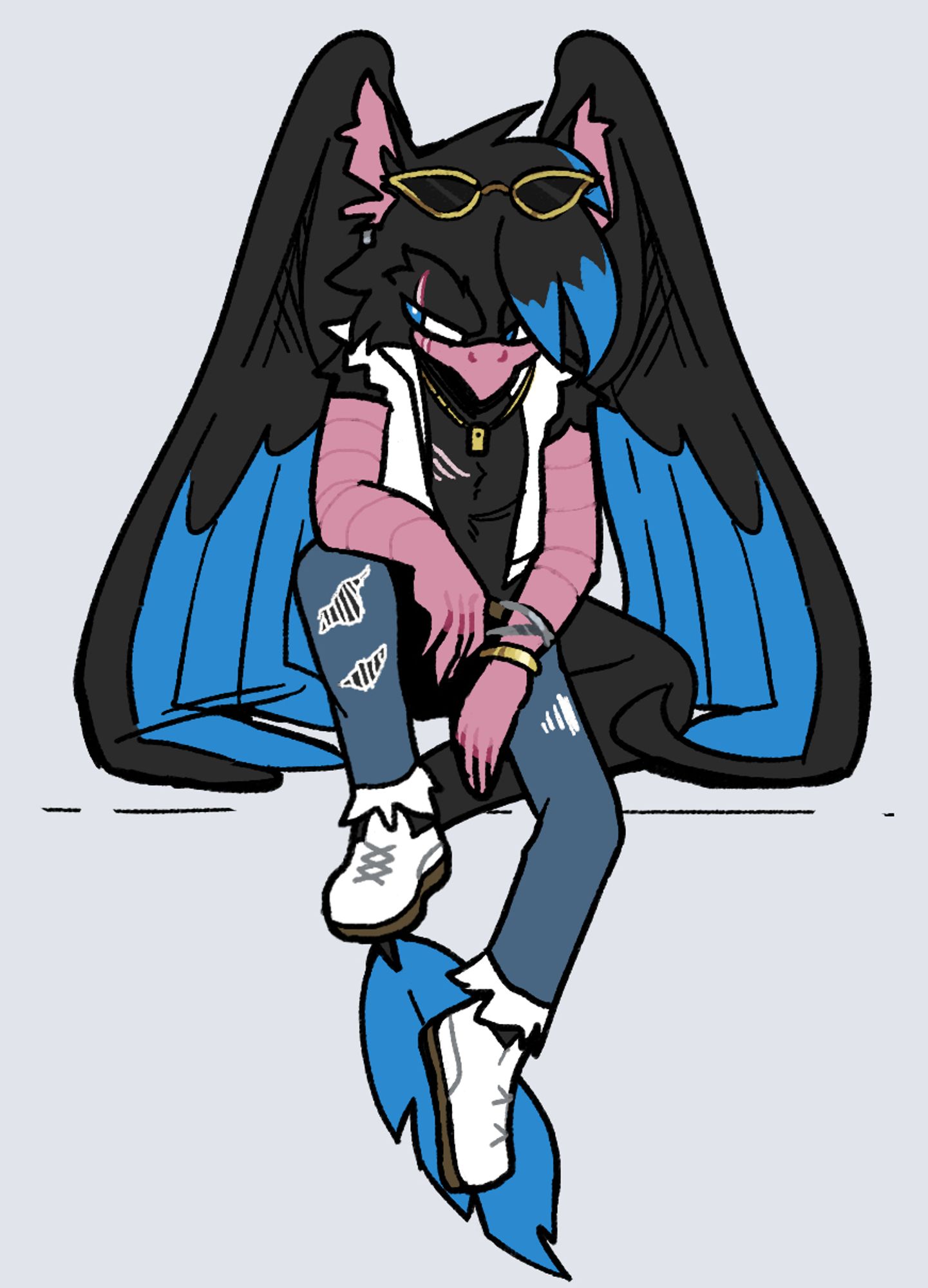 An anthro black and blue griphon with blue feathers, sitting down, hunched over with his wings covering him.