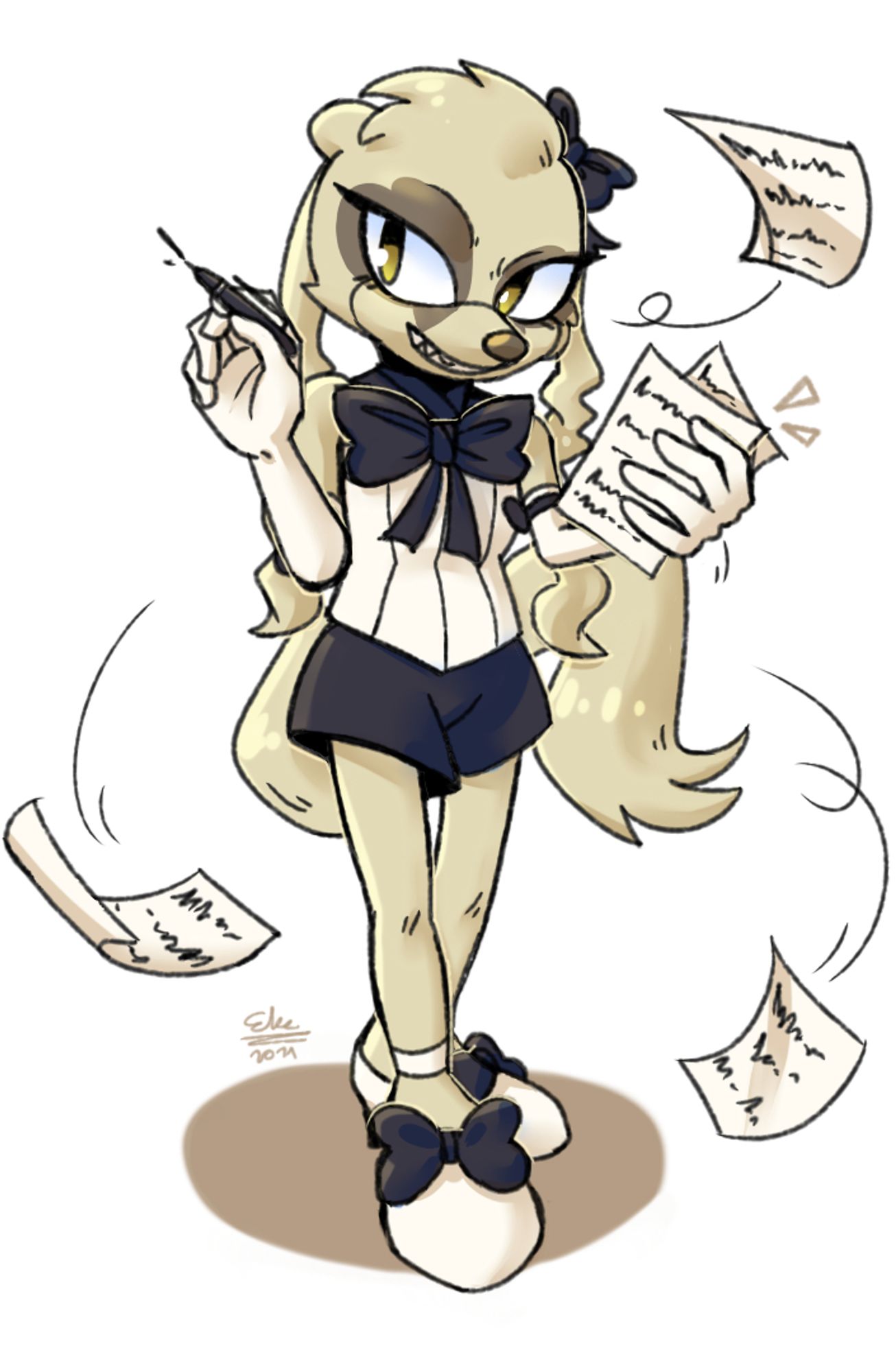 Anthro ferret character with cream fur and brown markings, wearing a black and white outfit with many bows. She's holding a pen and papers, which are flying out of her hand.