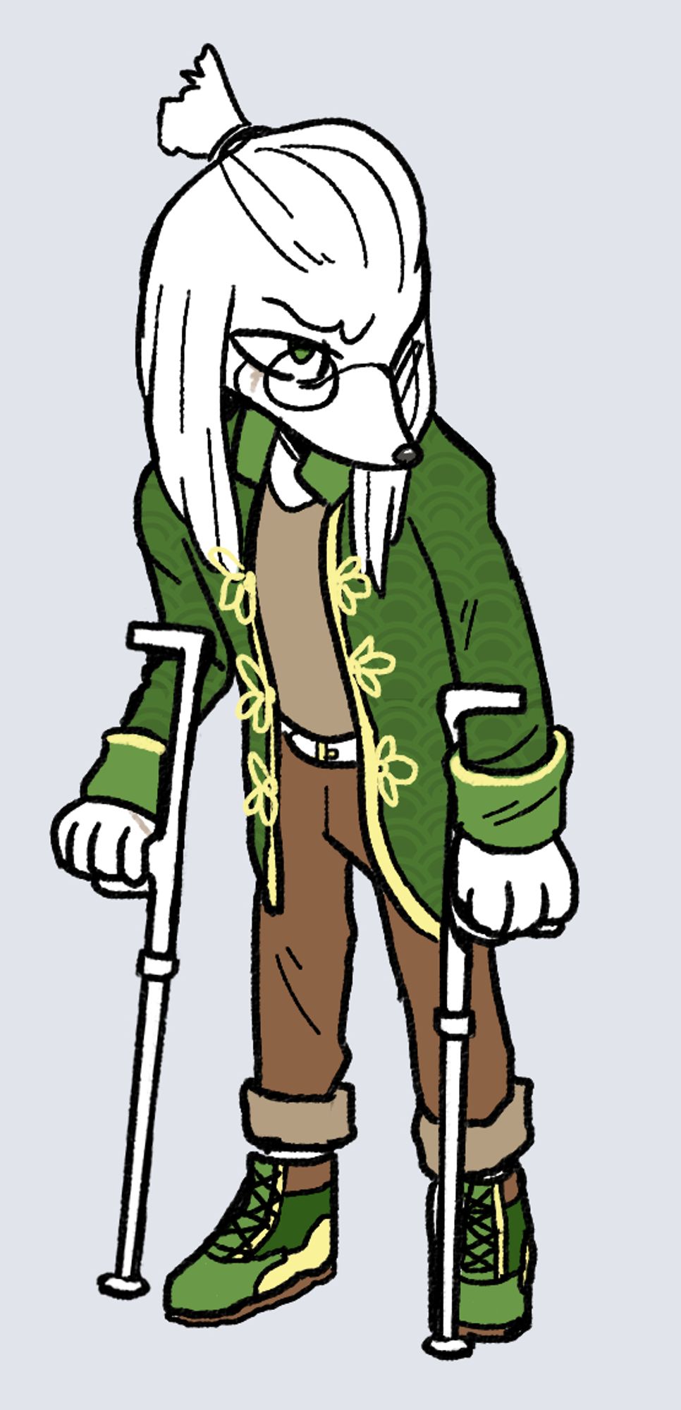 Anthro white-furred mole character with glasses and a small ponytail. He's leaning on crutches, and he's wearing a brown shirt and pants, with a green coat on top.