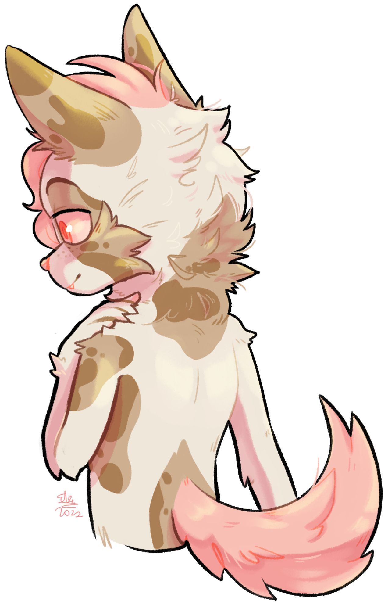 Backview of a cream-furred anthro dog with beige markings, as well as light-pink hair, eyes and tail. He's smiling and putting a hand on his shoulder.