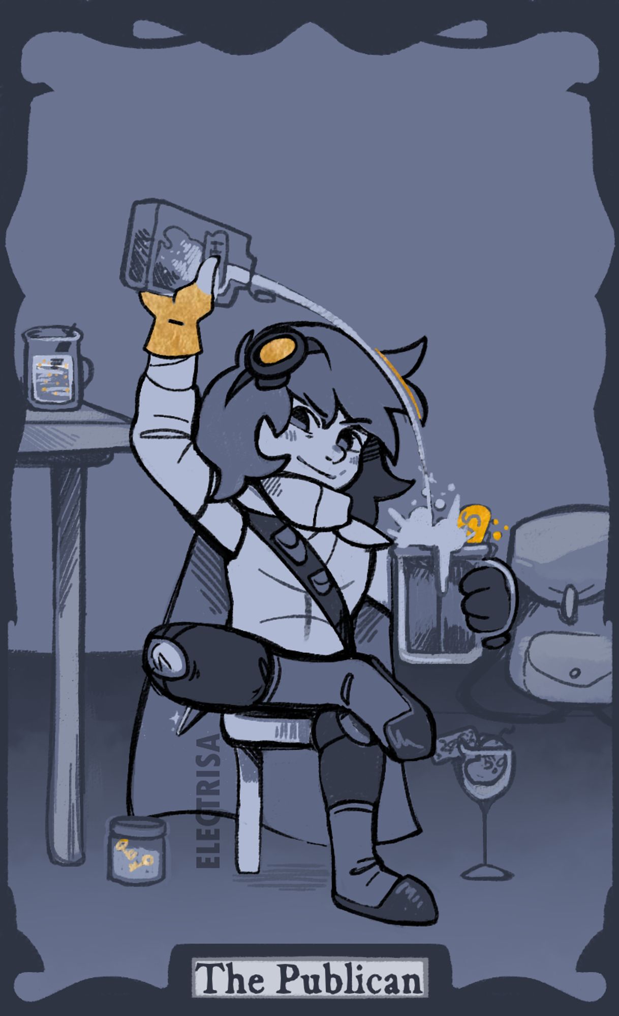 The Publican: A halfling rogue sitting on a stool with a smug smile, pouring holy water over his head into a pint with a bar of soap sticking out of it. Behind him is his backpack and a table with a glass of silvery water and a chess piece as garnish, and on the ground a jar with wax and keys inside of it, and a glass with a potato and a torn up card.