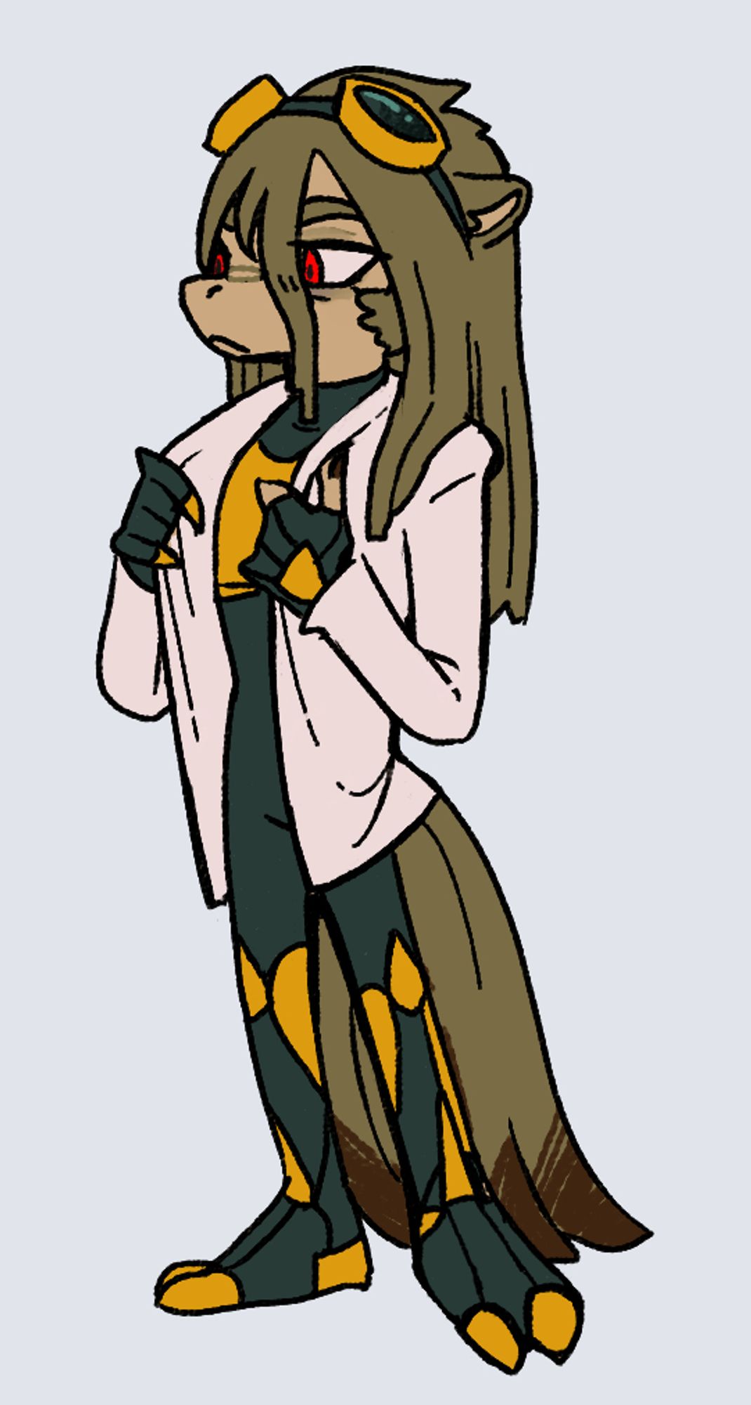 An anthro hybrid creature with a long snout, a clawed hand, hooved feet and a bird feathered tail. Their hair is brown-ish and tan, they're wearing a green and gold bodysuit, and a lab coat over it.