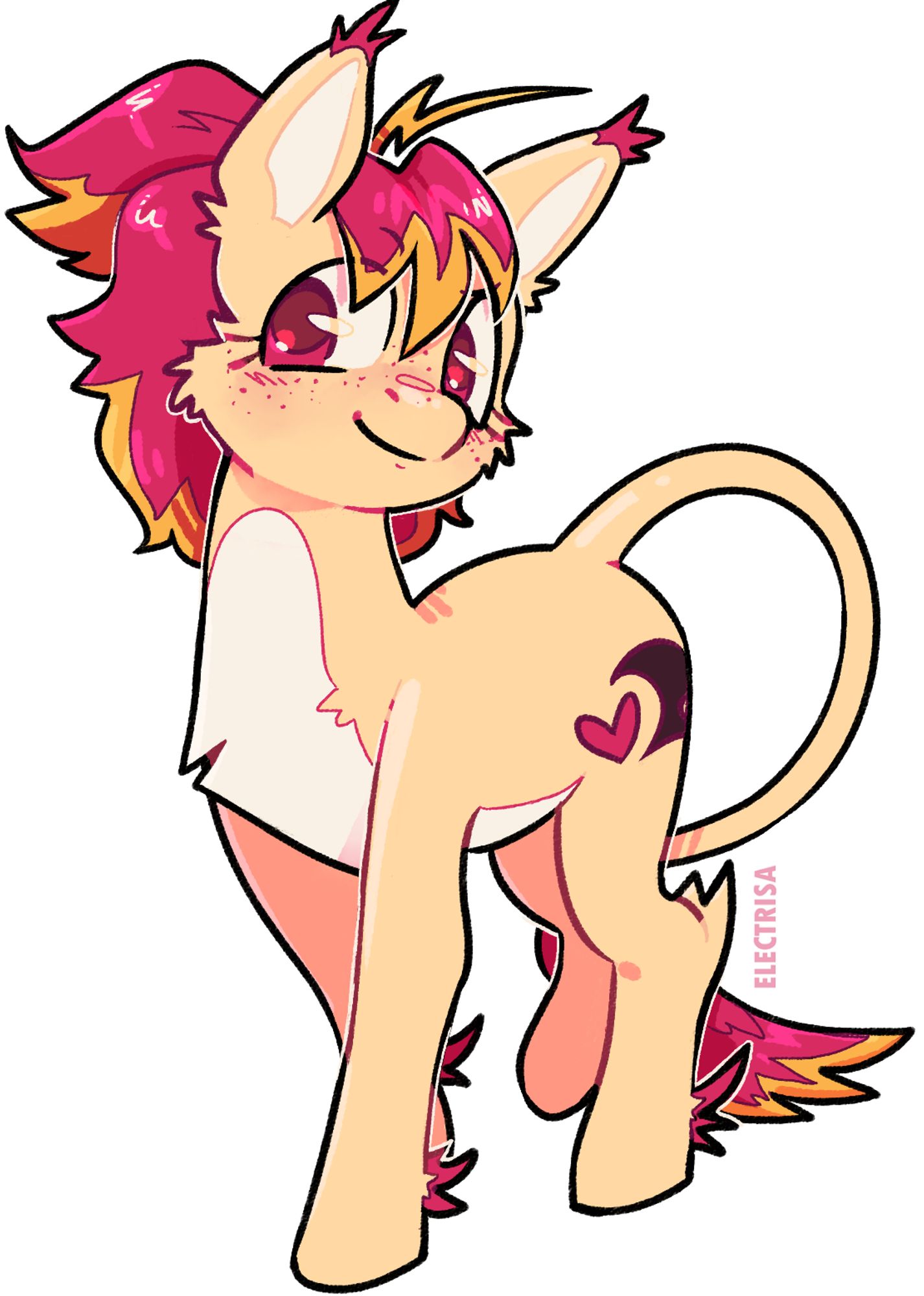 OC belongs to https://artfight.net/~fish-city . My little pony character with cream fur and vibrant red+yellow hair, with a cutiemark consisting of a heart and a bat wing.