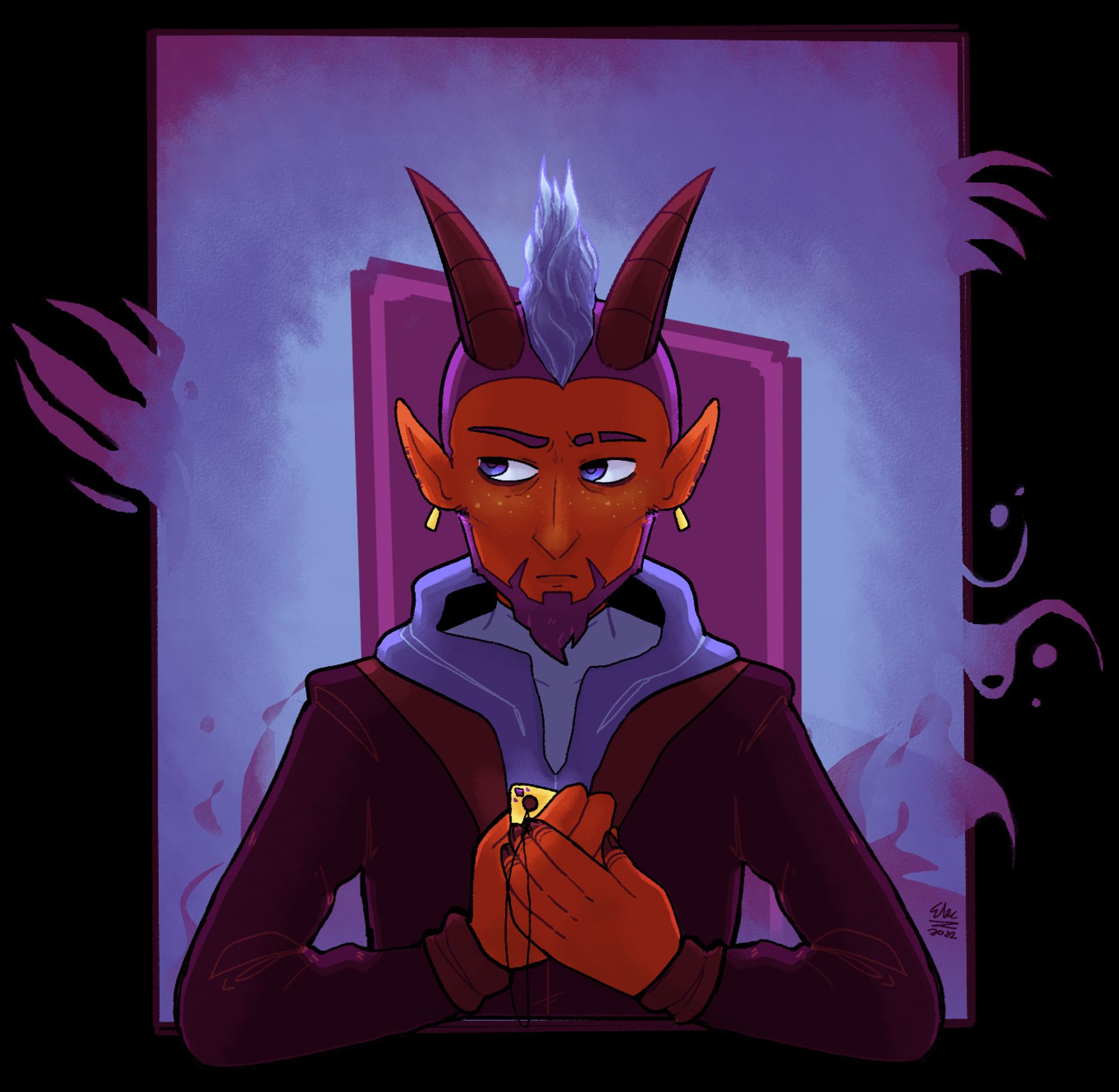 Portrait of an orange-skinned Ifrit with purple hair and brown horns, holding a spirit board planchette in his hands and looking around himself suspiciously.