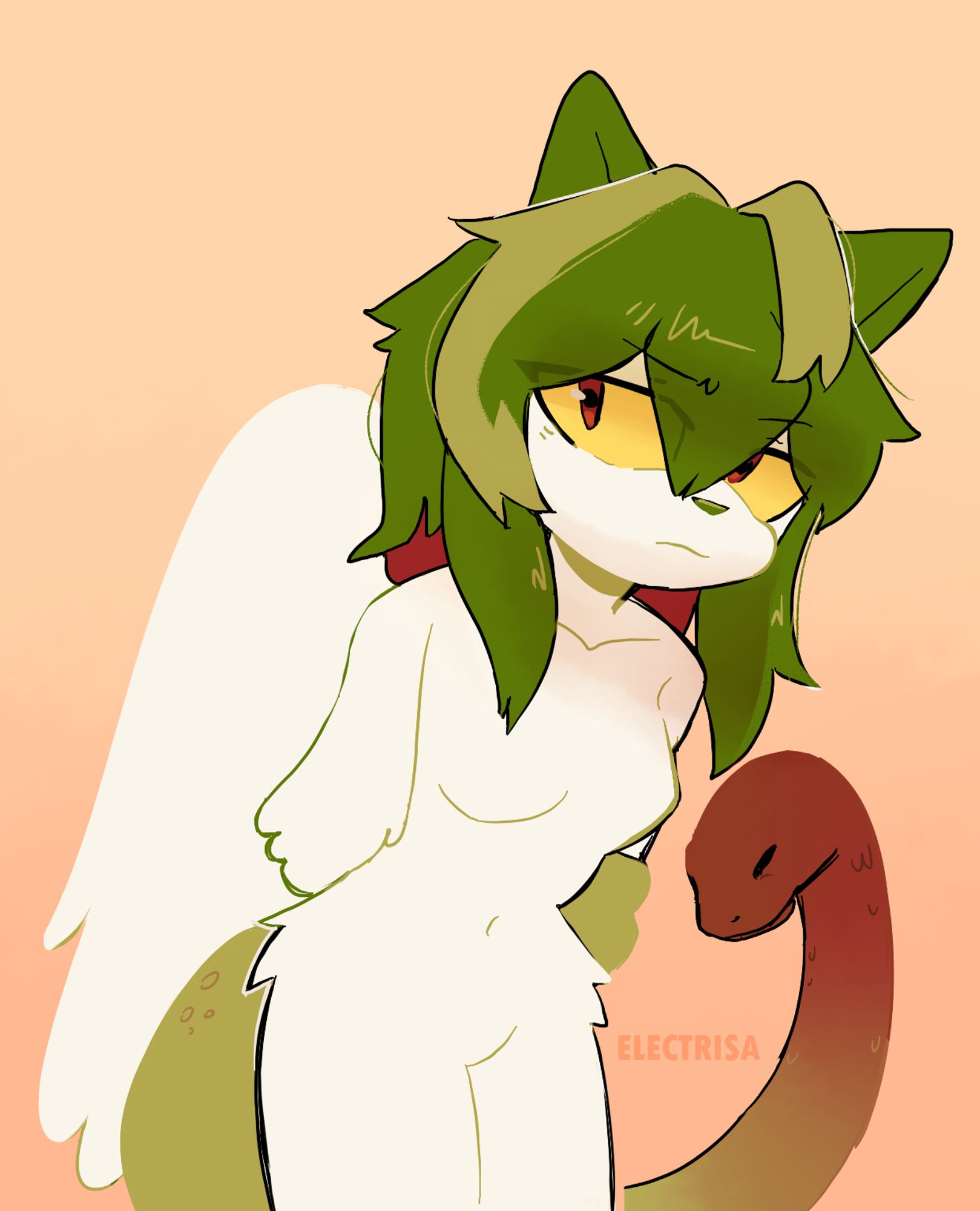 OC belongs to https://artfight.net/~northSoup . Anthro chimera of a cat with chicken wings and a snake tail. She has white fur, green hair, and the snake is green with a red head.