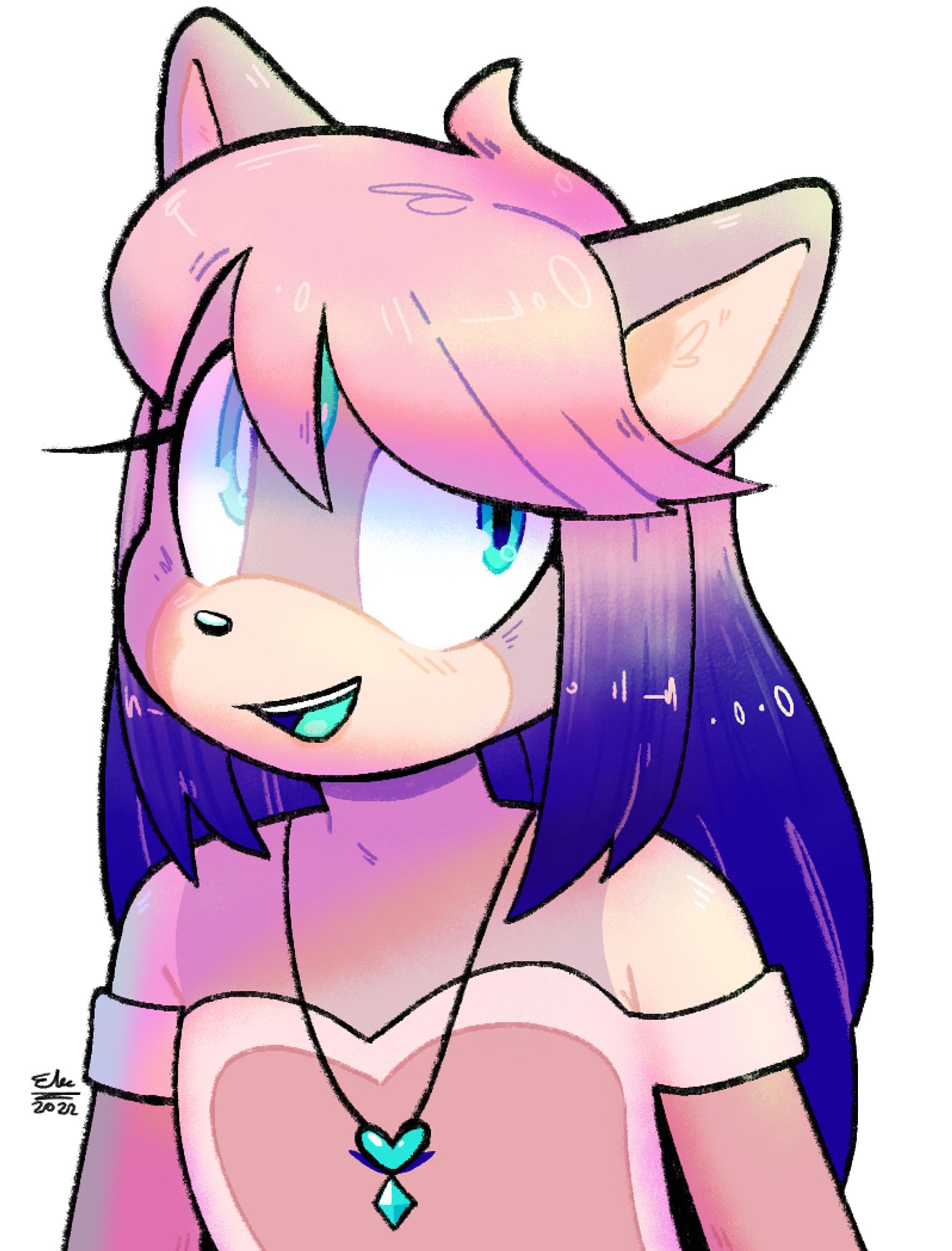 Portrait of an anthro pink otter character with cyan accents, and navy blue tip of her long hair.