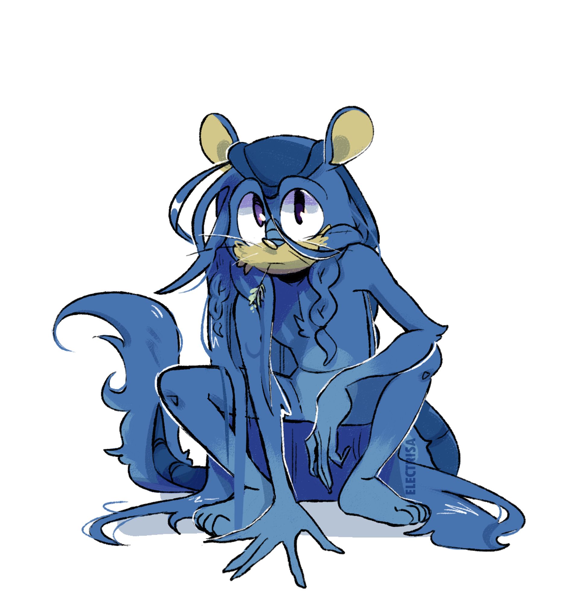 My own furry OC, a blue cat and armadillo hybrid squatting on the ground, he has long messy hair with a couple braids in it.