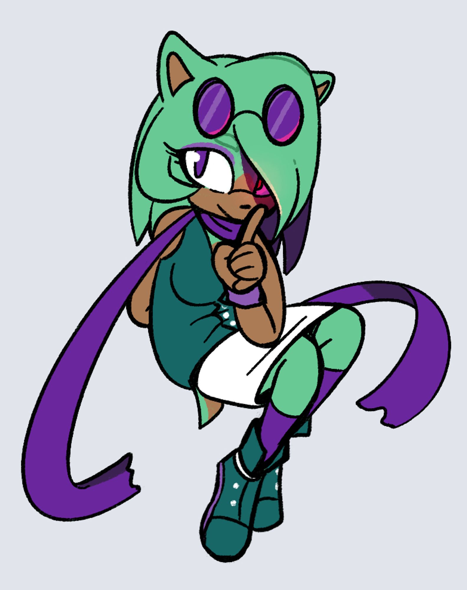 Anthro green hedgehog with purple accesories (glasses on her head and a long scarf). She's putting a finger to her mouth as if to say 'quiet'