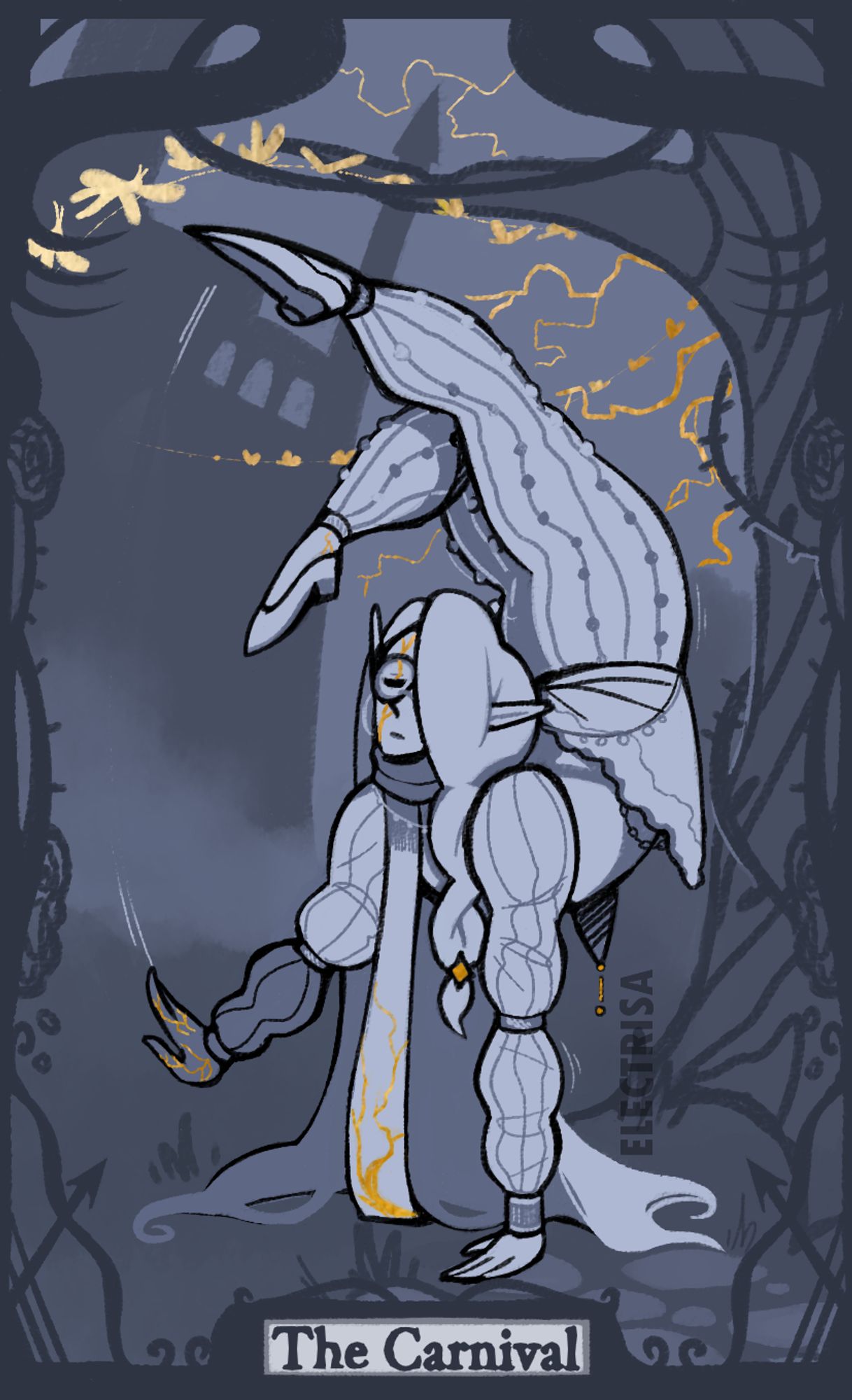 All cards are in a blue palette with golden accents. 
The Carnival: Elf magus walking on his hands with his eyes closed in thought, in the background there's a crooked tree and a faraway fortress. There's lightning in the sky, on the elf's scarf and in his scars, and there's a trail of glowing insects flying through the air.